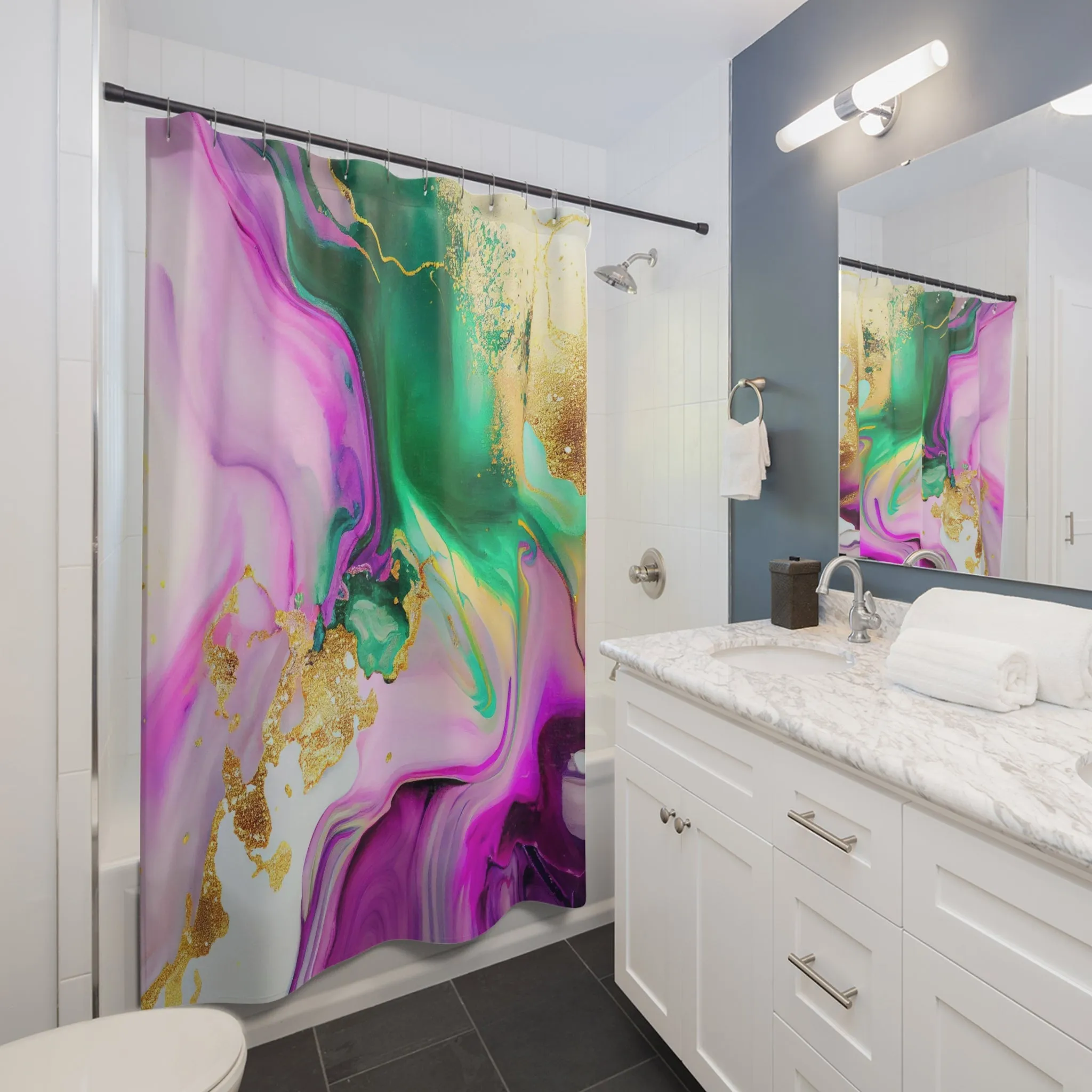 Abstract Shower Curtain | Bright Pink, Green, Non-Foil Gold