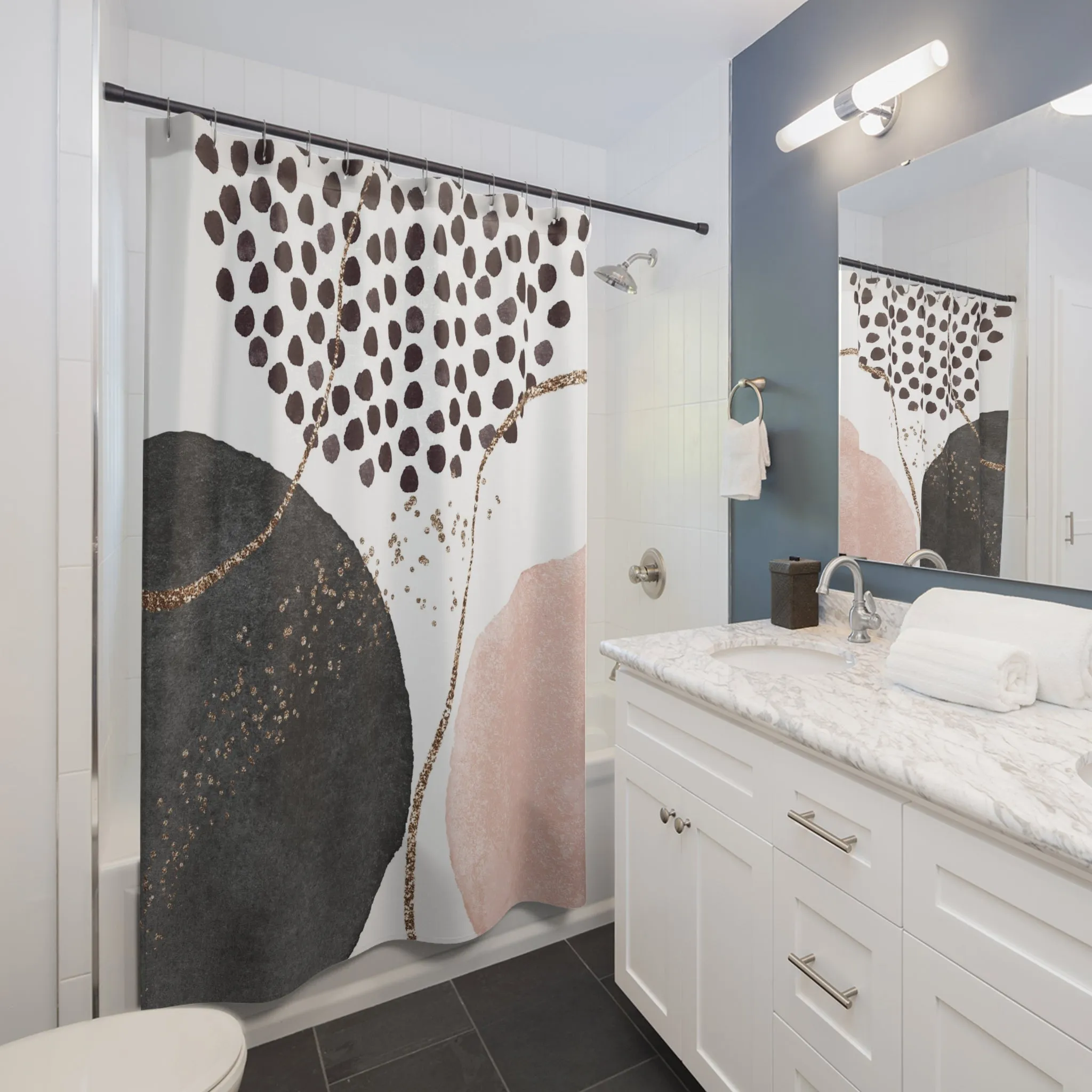 Abstract Shower Curtain | Dark Grey, White, Blush Pink