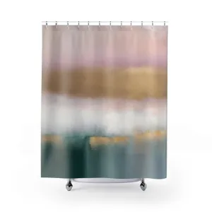Abstract Shower Curtain | Green Blush Pink, White Gold Lighting,Home Lighting