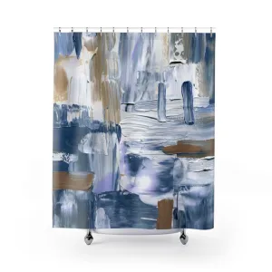 Abstract Shower Curtain | Indigo Pale Blue, White Beige Brown Lighting,Home Lighting