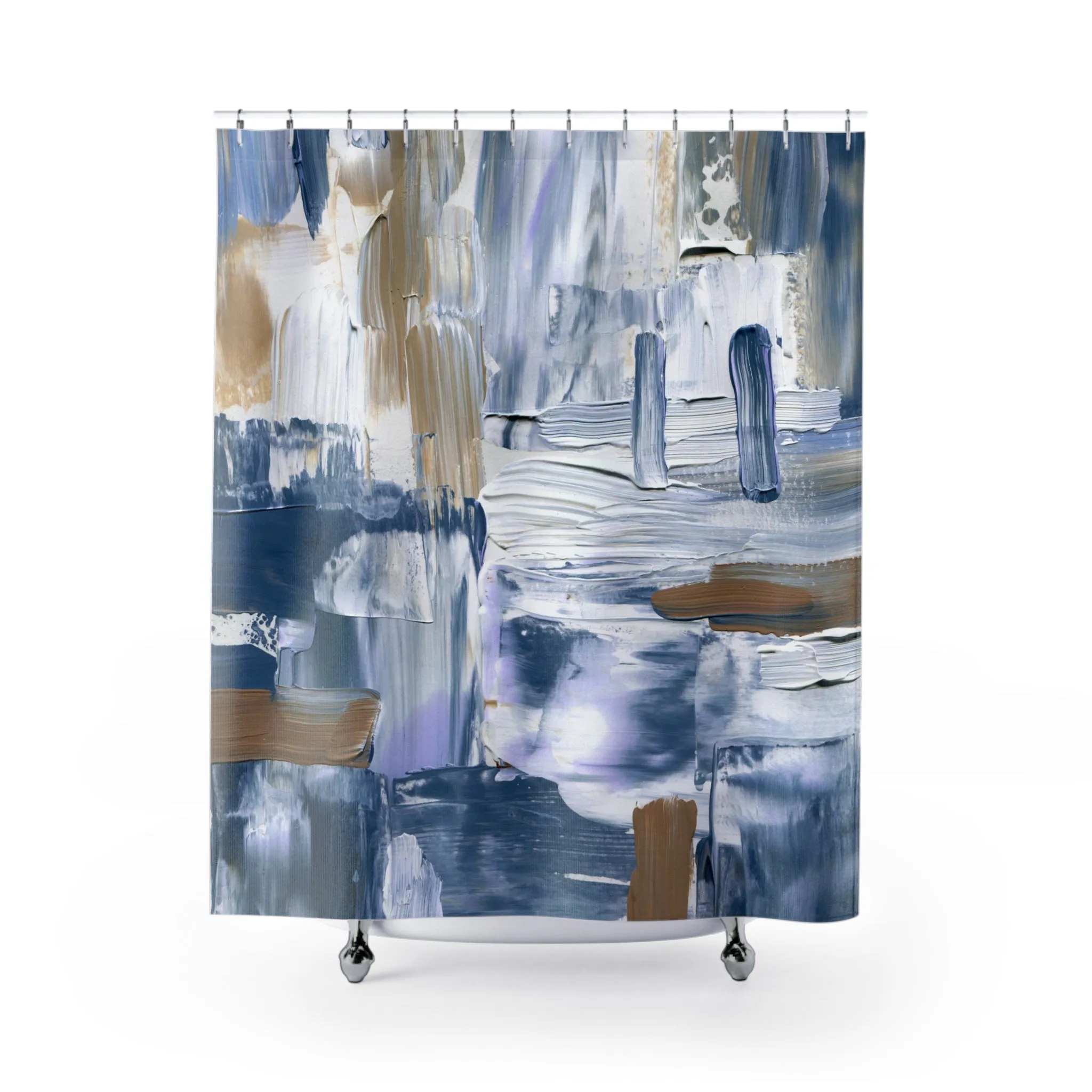 Abstract Shower Curtain | Indigo Pale Blue, White Beige Brown Lighting,Home Lighting