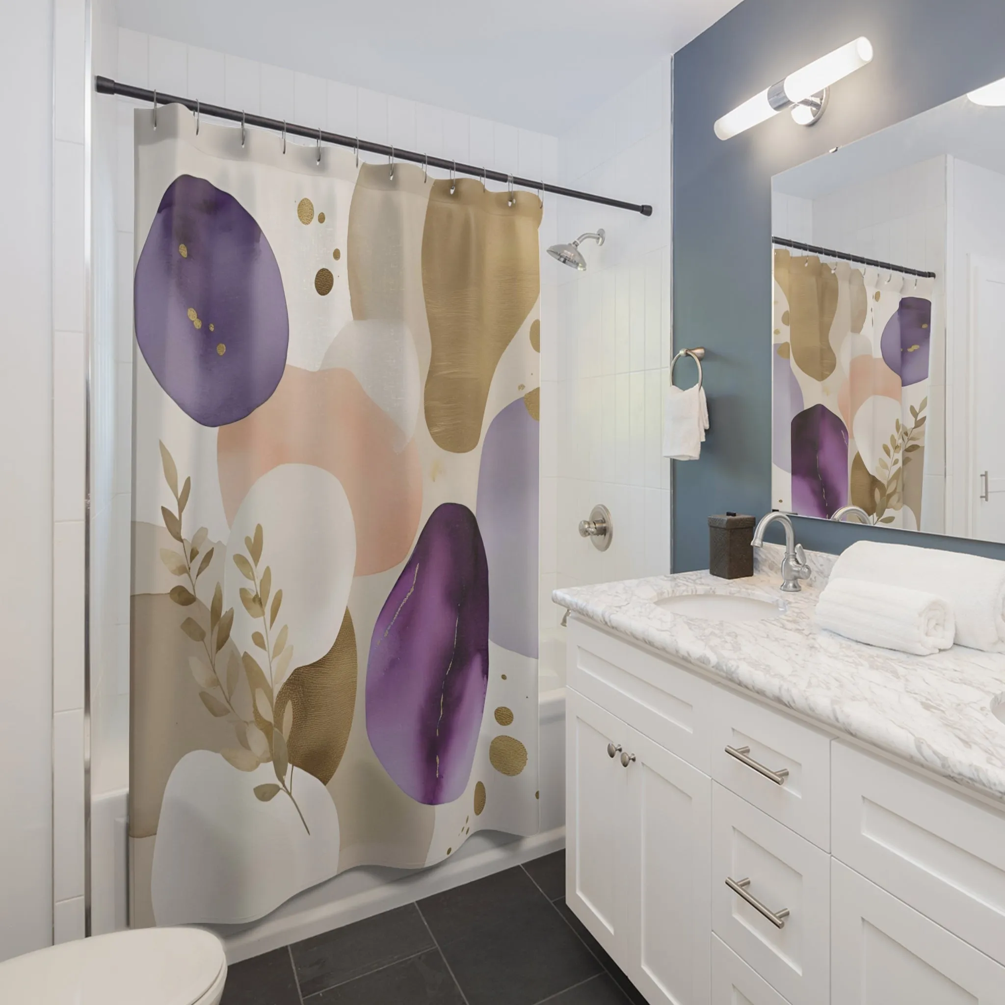 Abstract Shower Curtain | Lavender Purple Blush White, Beige Leaves