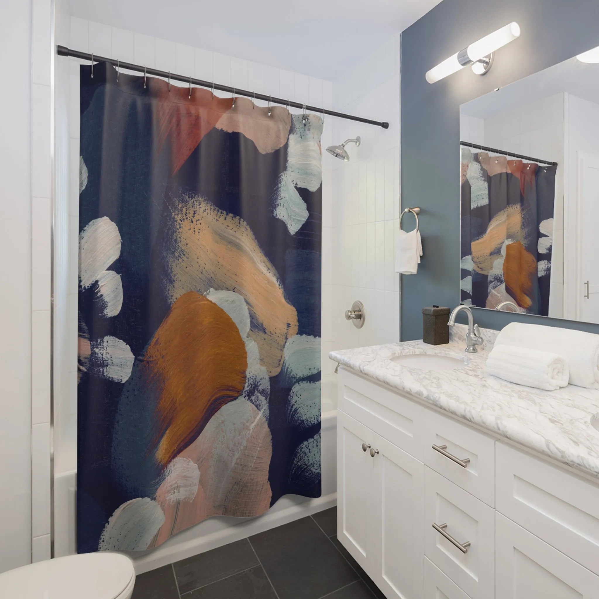 Abstract Shower Curtain | Navy Blue, Rust Beige Mat Curtain