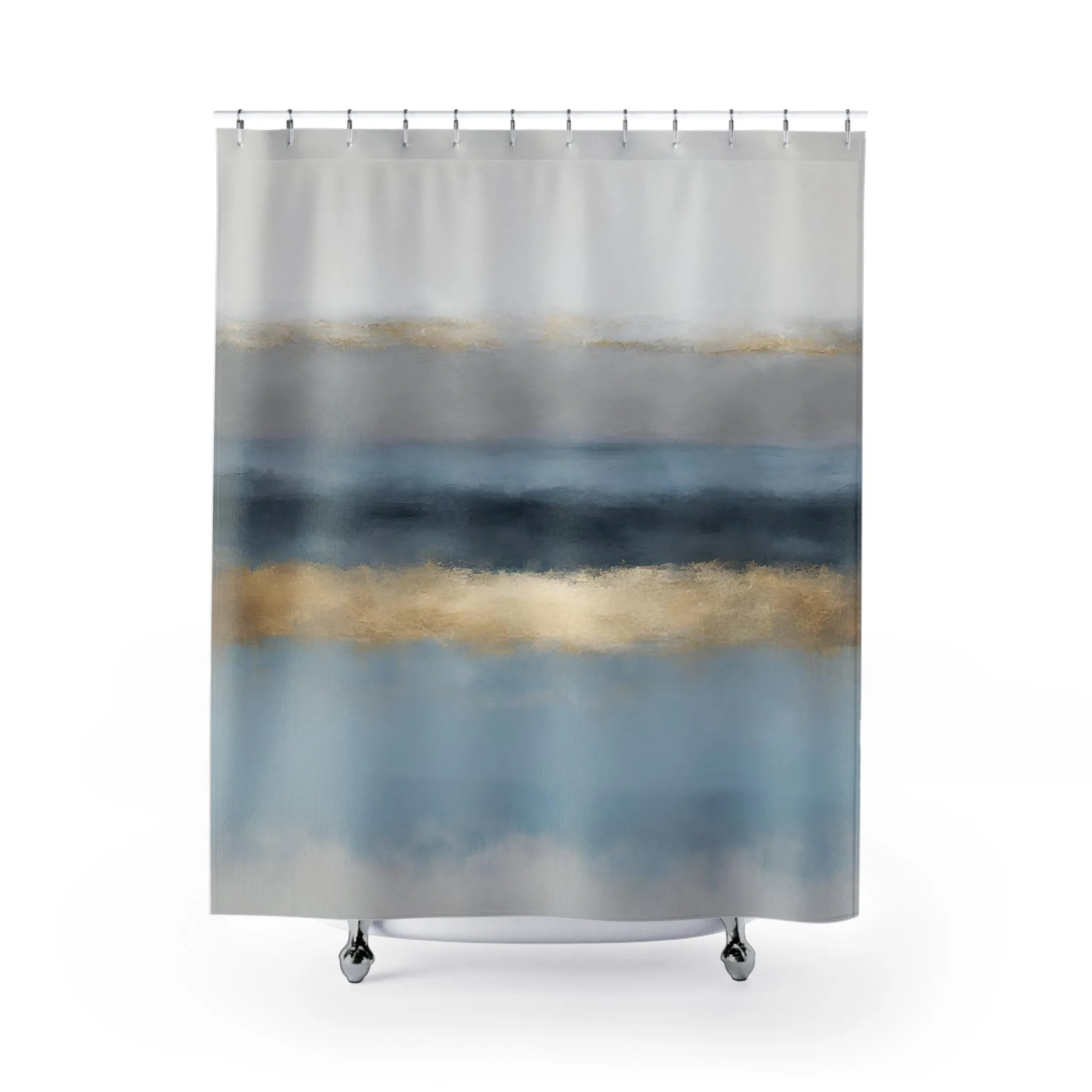 Abstract Shower Curtain | Pale Blue, Navy, Grey Muted Gold Curtain Lighting,Home Lighting