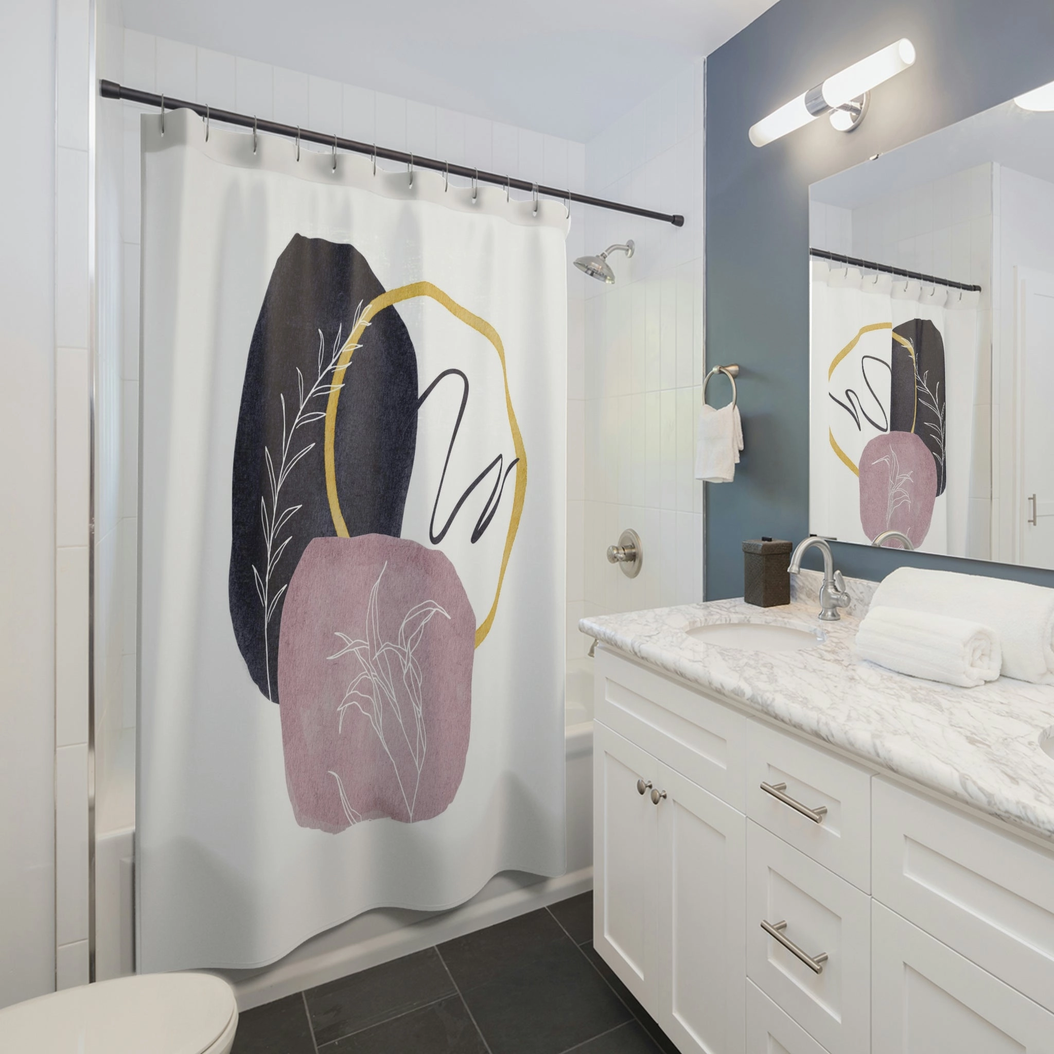 abstract boho shower curtain | navy mauve pink, white