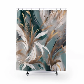 Abstract Floral Shower Curtain | Sage Green Muted Gold, Beige Lighting,Home Lighting