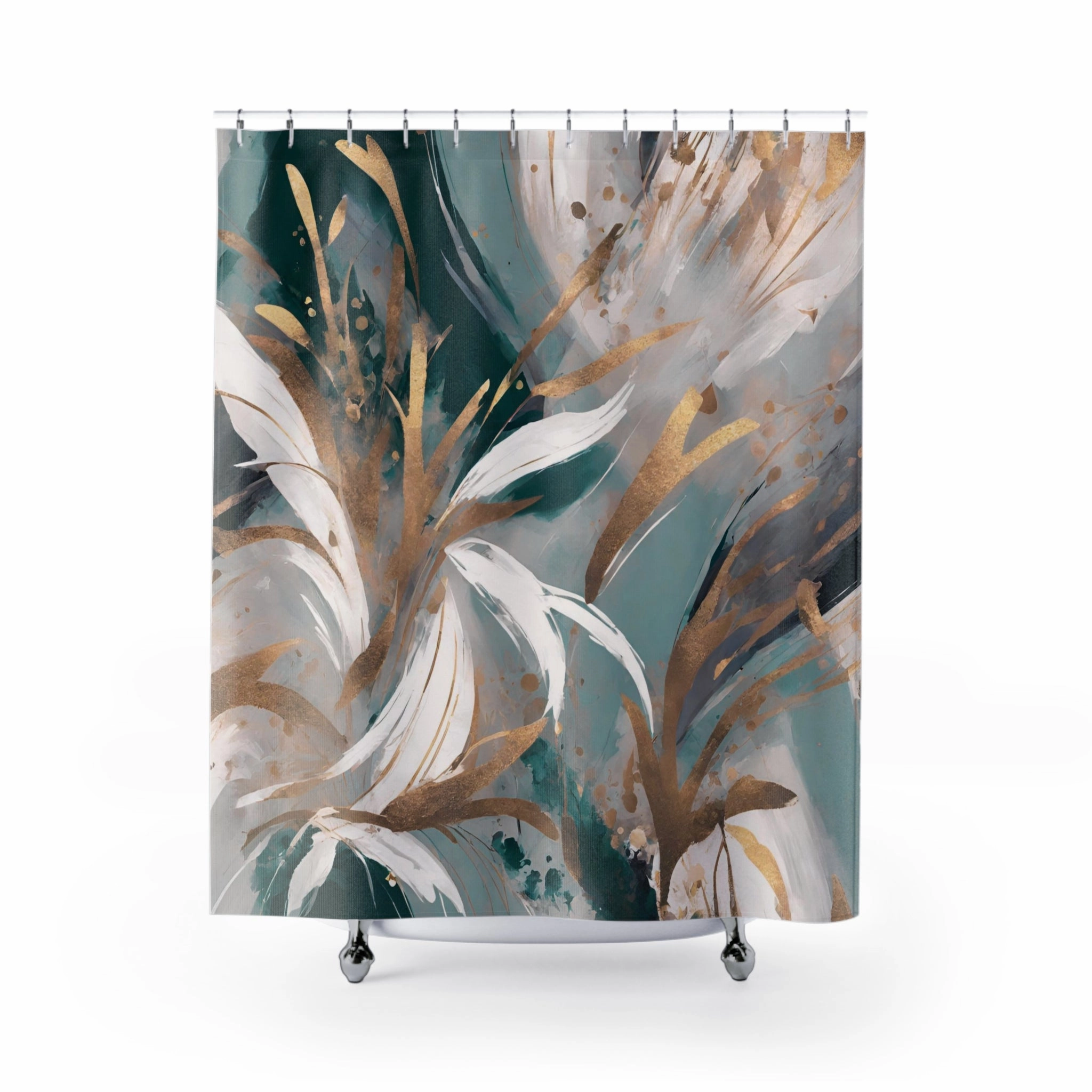 Abstract Floral Shower Curtain | Sage Green Muted Gold, Beige Lighting,Home Lighting