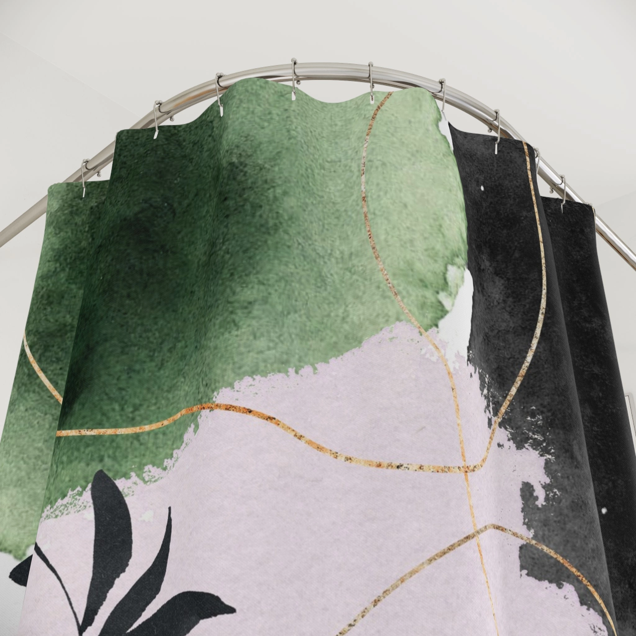 Abstract Shower Curtain | Artsy Black Leaves, Lavender Blush, Green