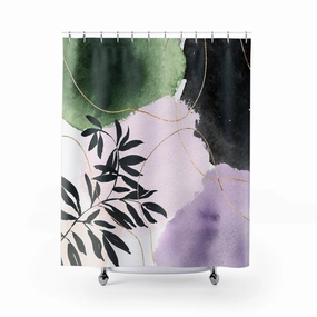 Abstract Shower Curtain | Artsy Black Leaves, Lavender Blush, Green Lighting,Home Lighting