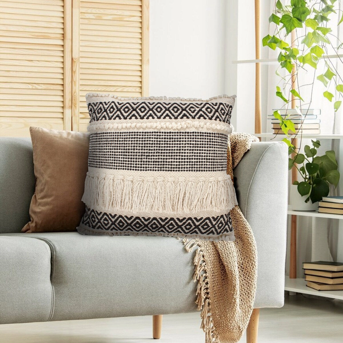 Accent Throw Pillows Set of 2, Square Cotton Pillows with Handwoven Diamond Pattern, 18 x 18 inch