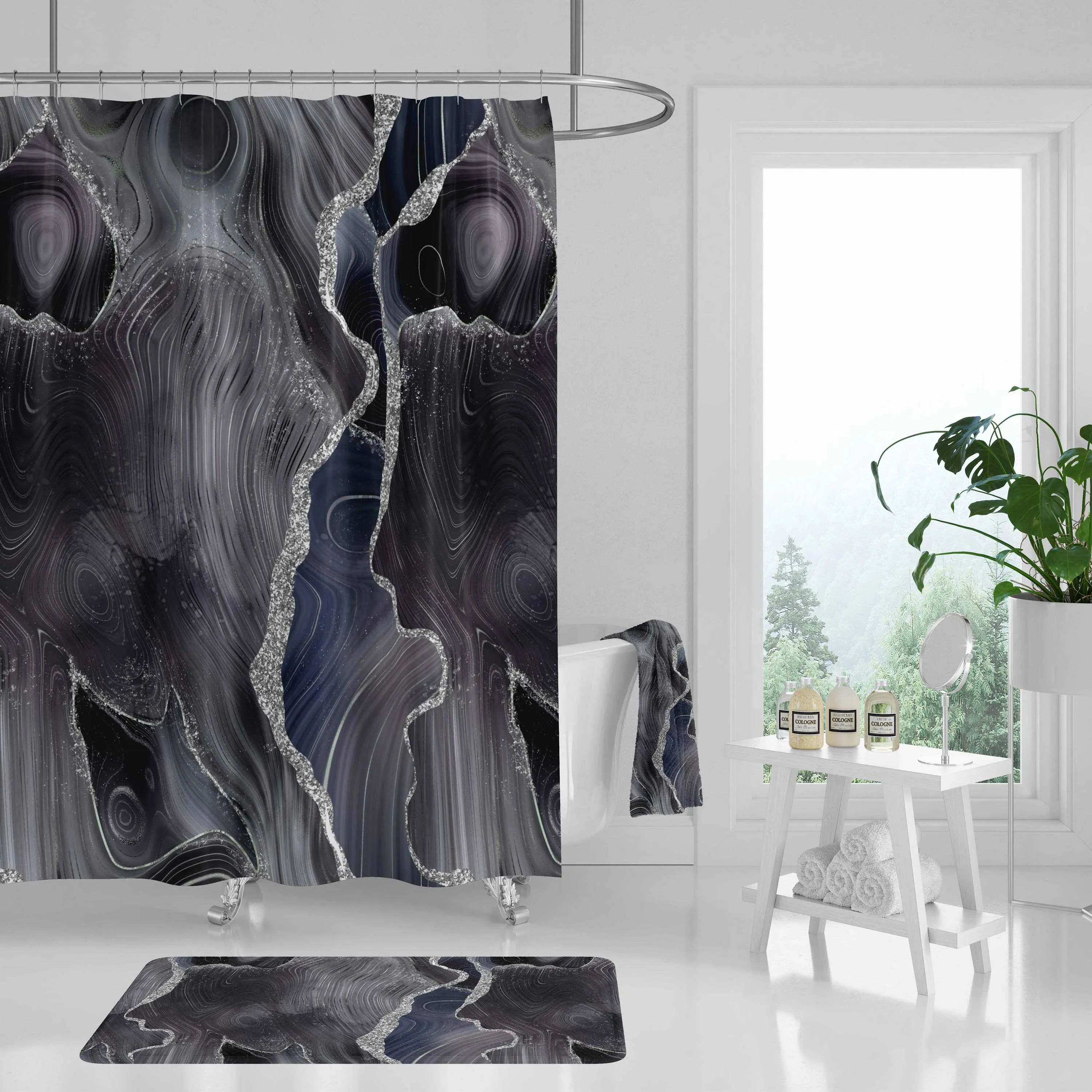Agate Marble Shower Curtain | Gray Blue Silver Lighting,Home Lighting