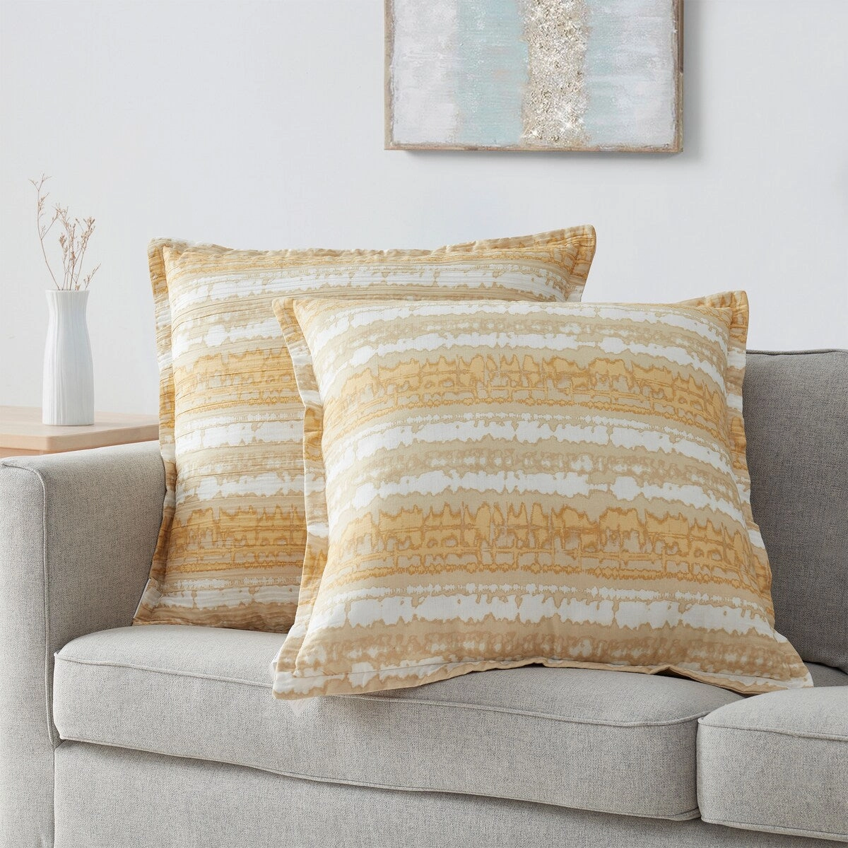 Akira Square Cotton Tie Dye Decorative Pillows, Ochre/ Ivory ground - Ochre/ Ivory Ground pillows,bed pillow,sleeping cushion