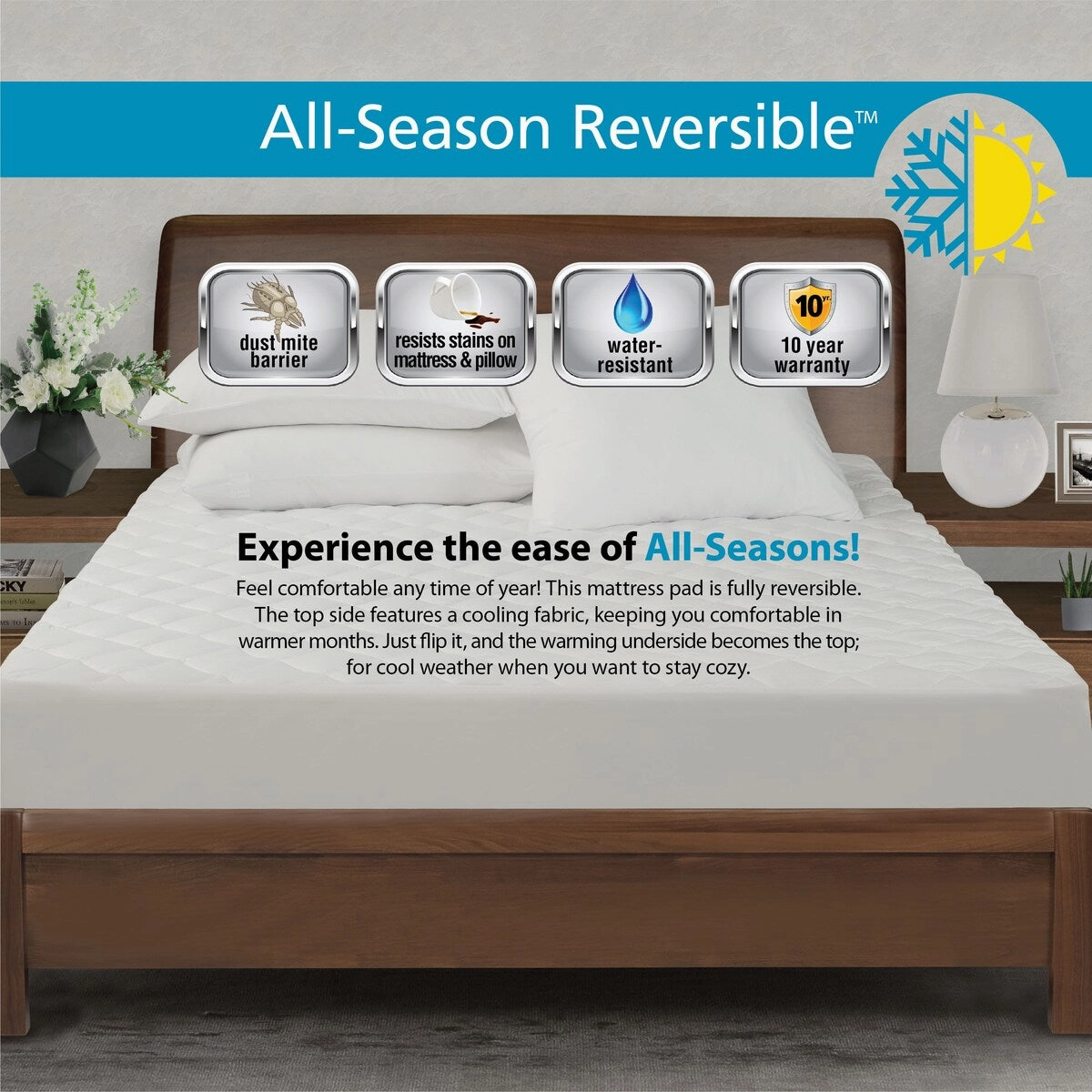 All-In-One All Season Reversible Cooling & Warming Fitted Mattress Pad - White