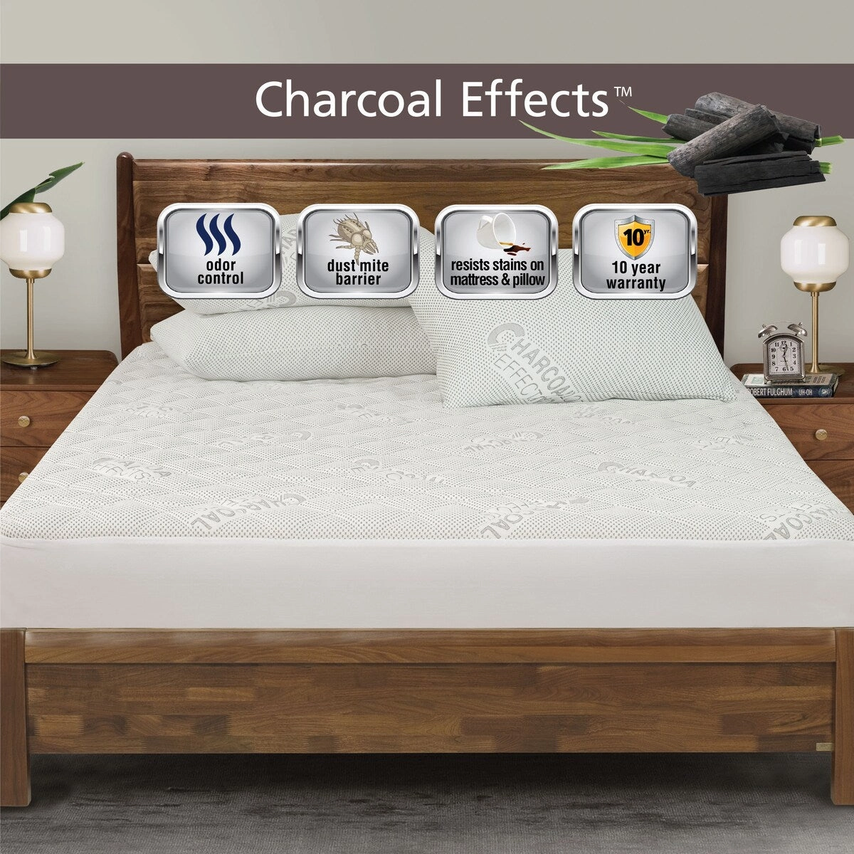 All-In-One Charcoal Effects Odor Control & Cooling Fitted Mattress Pad - White