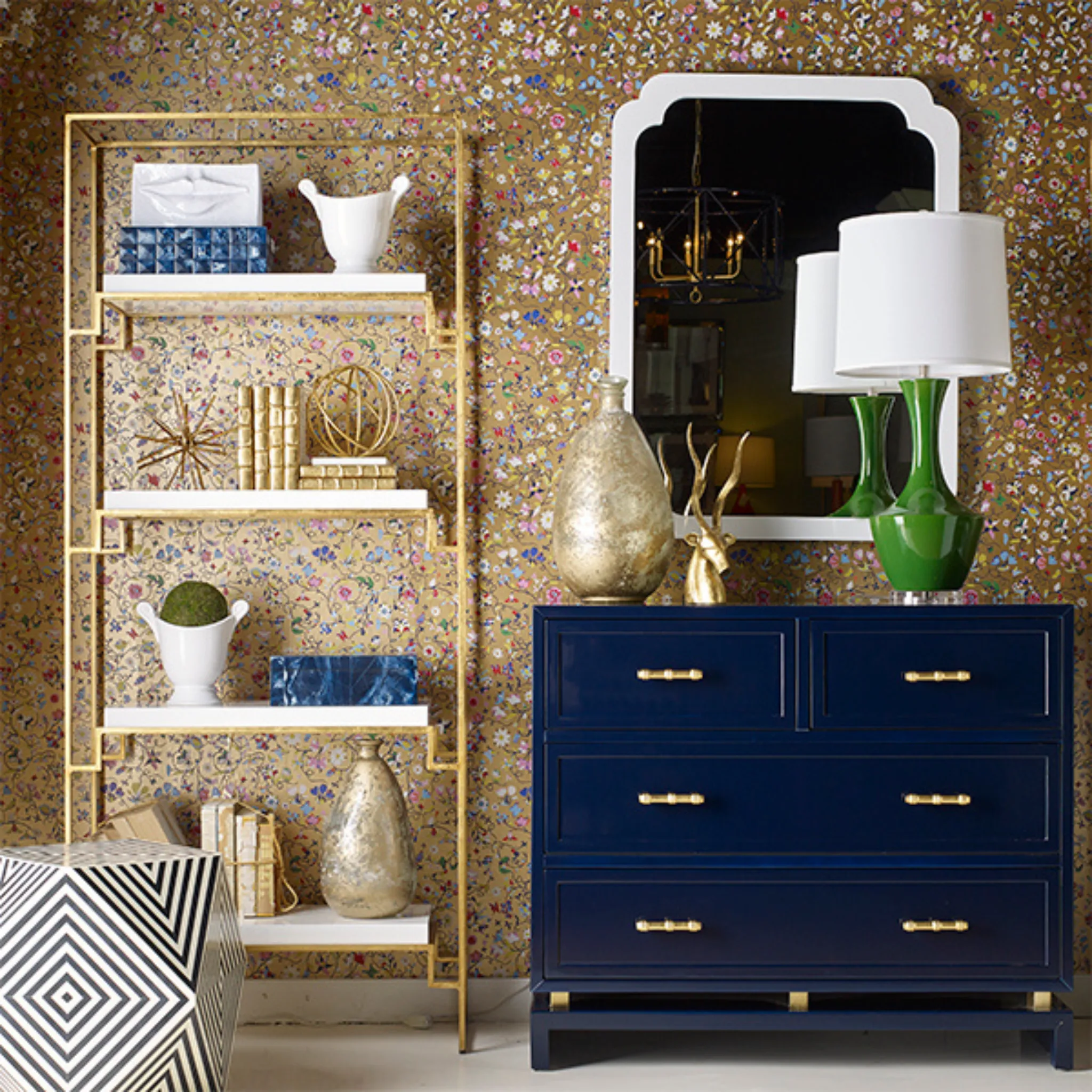Amelia White Lacquer Pinched Corner Wall Mirror
