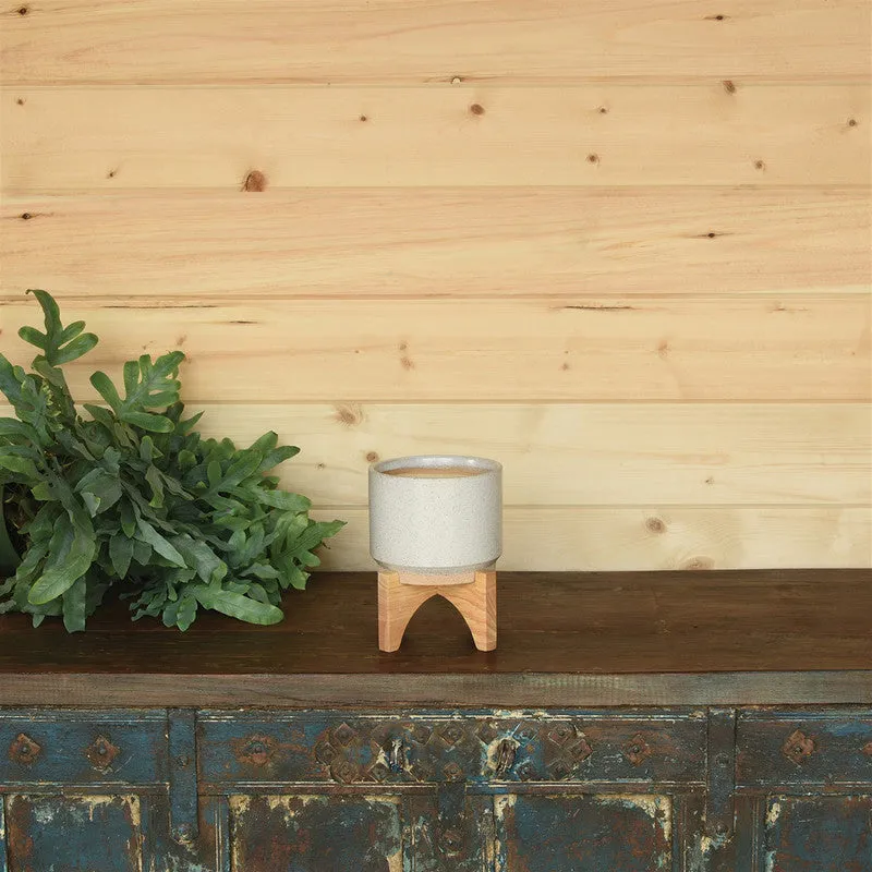 Ames Cachepot, Ceramic with Wood - Sm - White, Natural