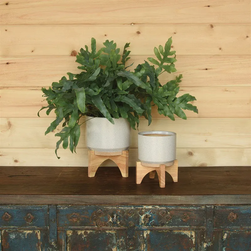 Ames Cachepot, Ceramic with Wood - Sm - White, Natural
