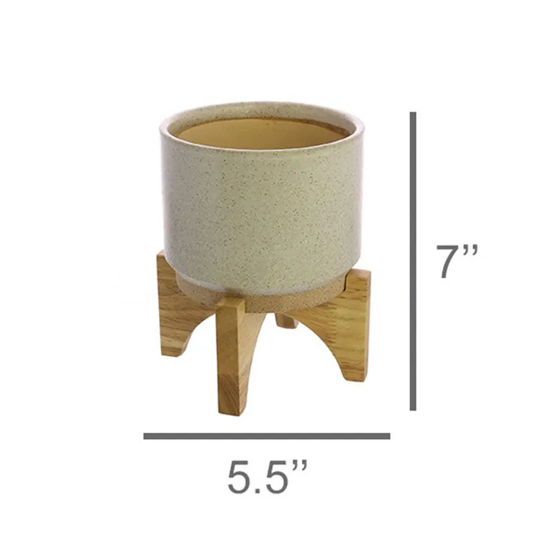 Ames Cachepot, Ceramic with Wood - Sm - White, Natural