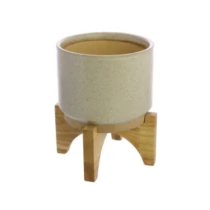 Ames Cachepot, Ceramic with Wood - Sm - White, Natural Vase,Ceramic Vase