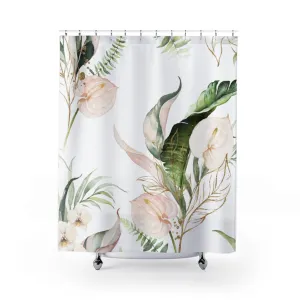 Anthurium Floral Shower Curtain | White Green Gold Lighting,Home Lighting