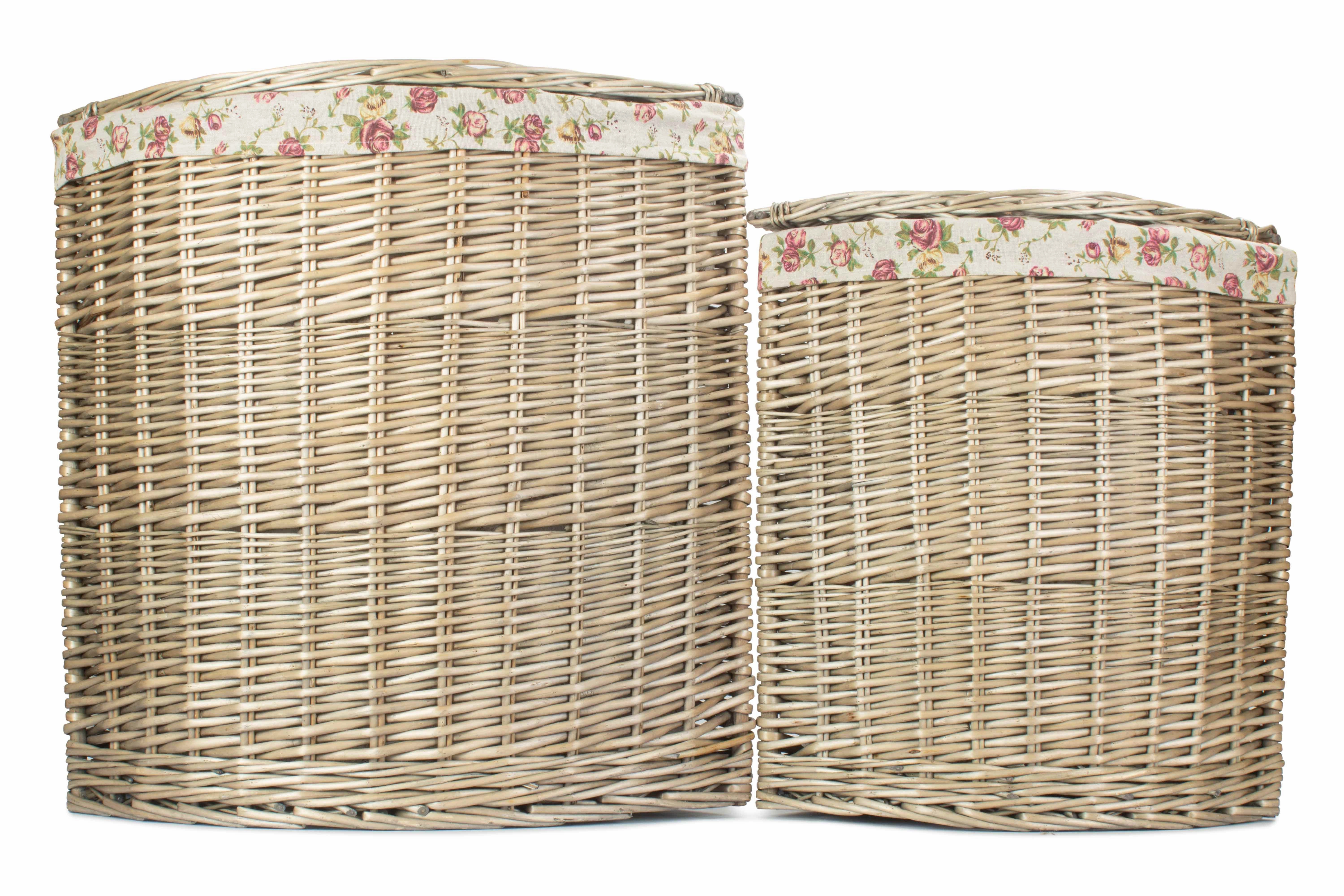 Antique Wash Willow Corner Linen Basket with Garden Rose Lining Set 2