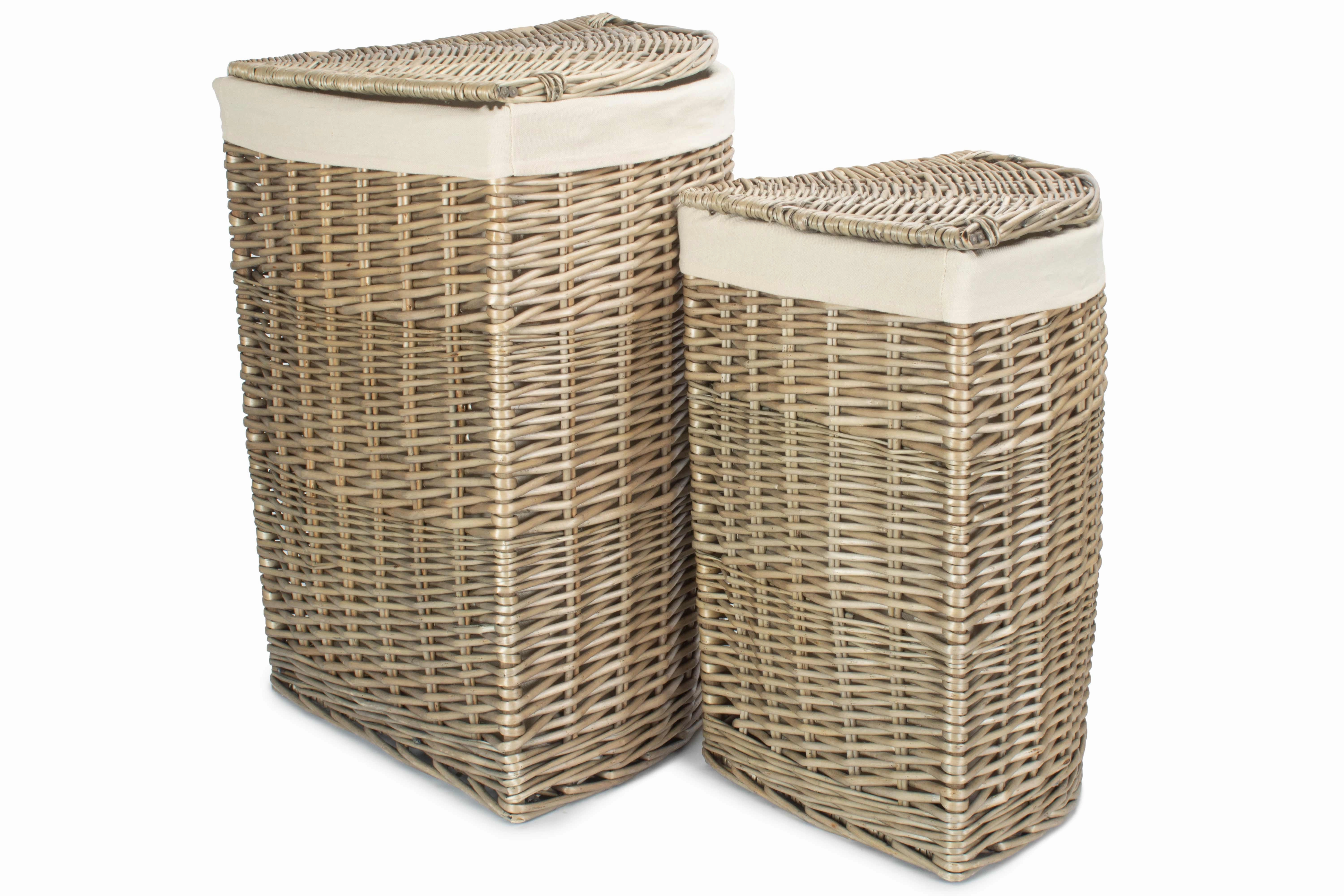 Antique Wash Willow Corner Linen Basket with White Lining Set 2