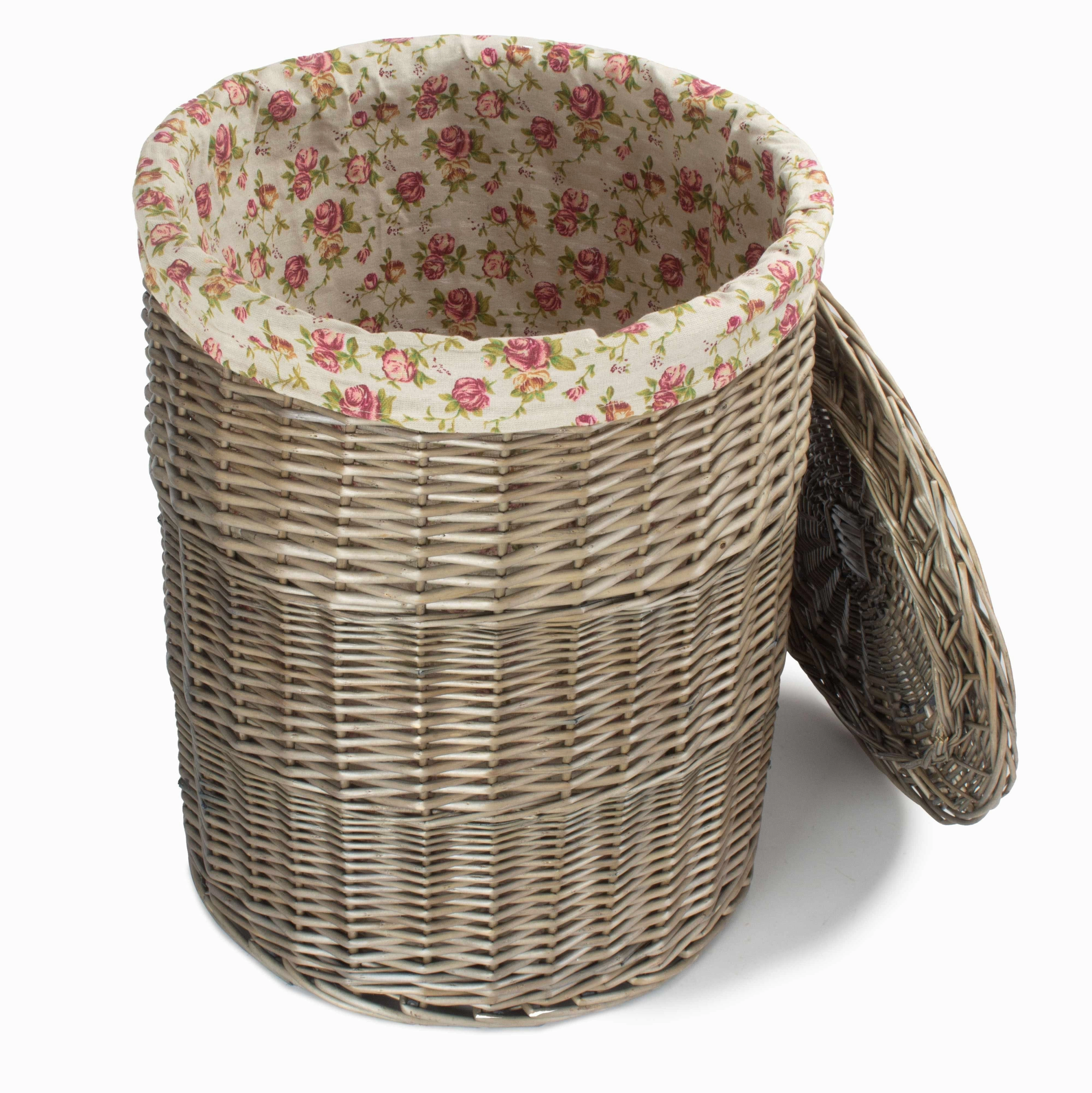 Antique Wash Willow Large Round Linen Basket with Garden Rose Lining