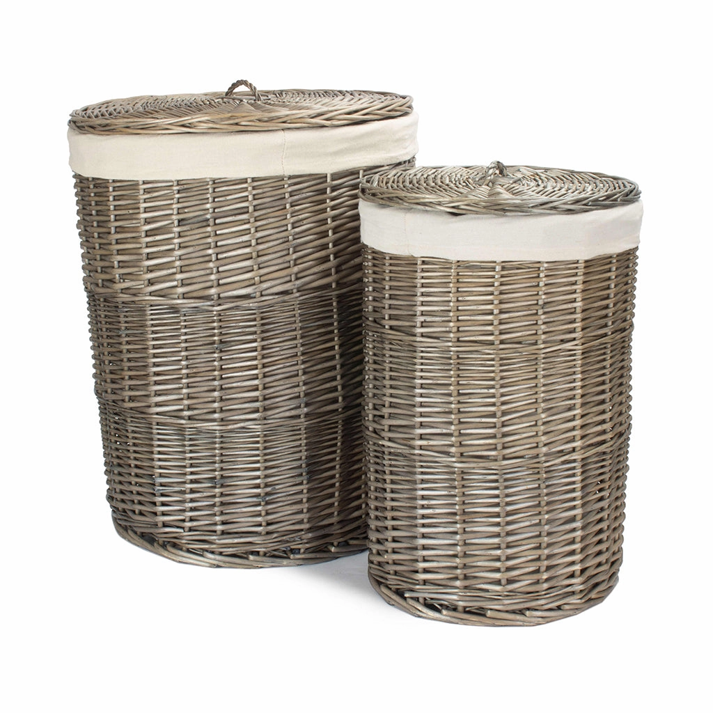 Antique Wash Willow Round Linen Basket with White Lining Set 2 laundry organizer,dirty clothes basket,plastic laundry basket