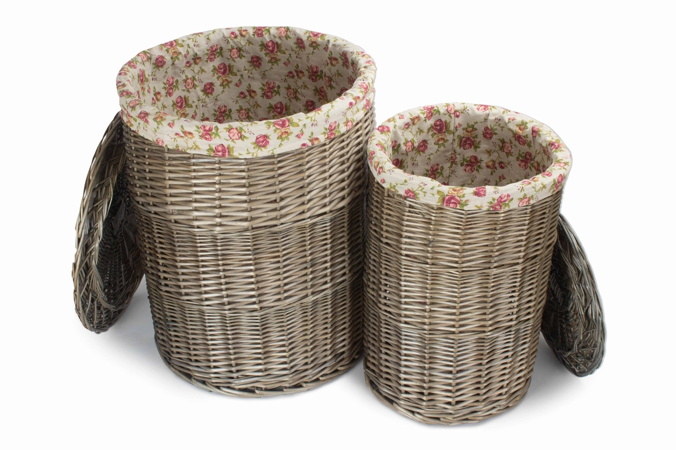Antique Wash Willow Round Linen Laundry Basket with Garden Rose Lining Set 2