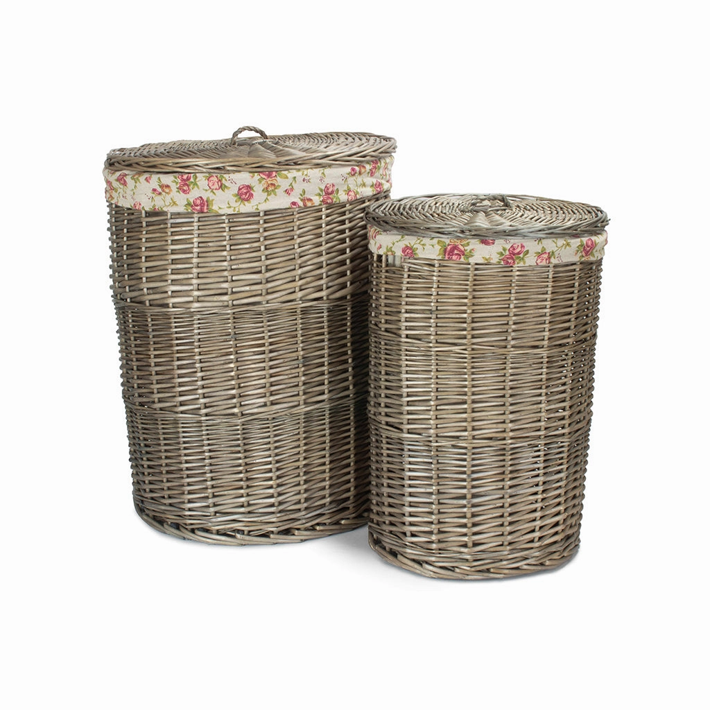 Antique Wash Willow Round Linen Laundry Basket with Garden Rose Lining Set 2 laundry organizer,dirty clothes basket,plastic laundry basket