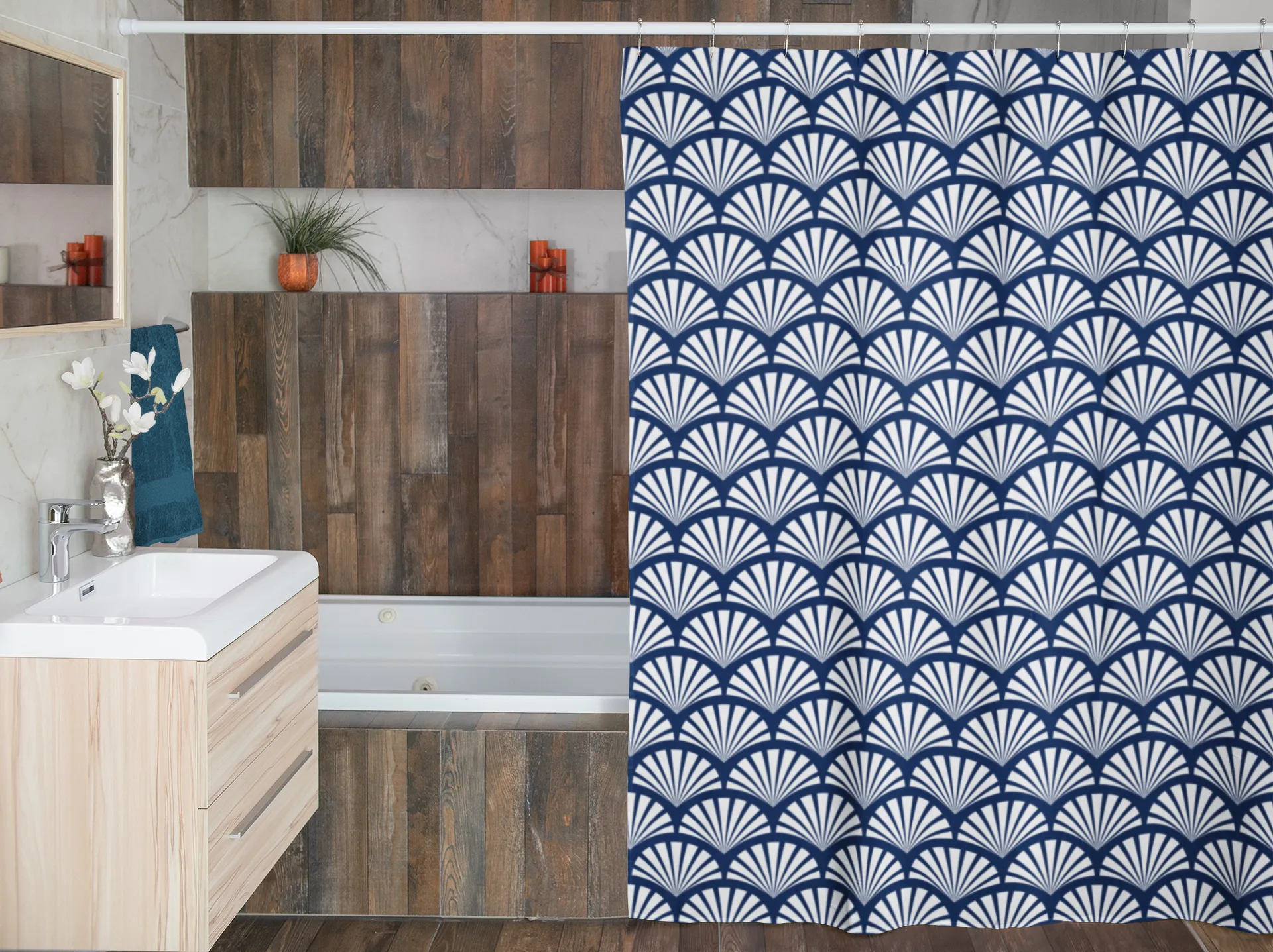 Art Deco Shower Curtain | Blue White Shell Lighting,Home Lighting