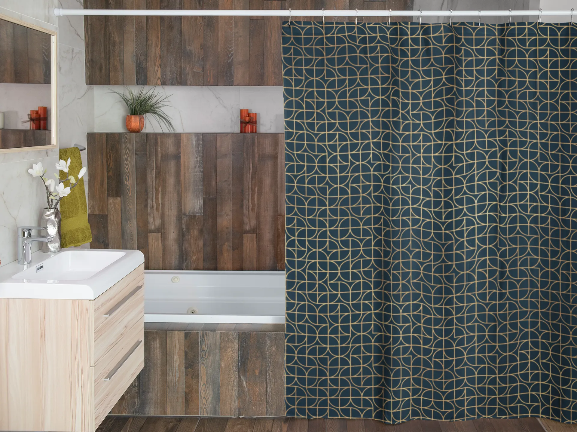 Art Deco Shower Curtain | Navy Gold Beige Lighting,Home Lighting