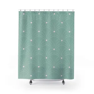 Art Deco Shower Curtain | Teal Sage Green, White Fan Bath Curtain Lighting,Home Lighting