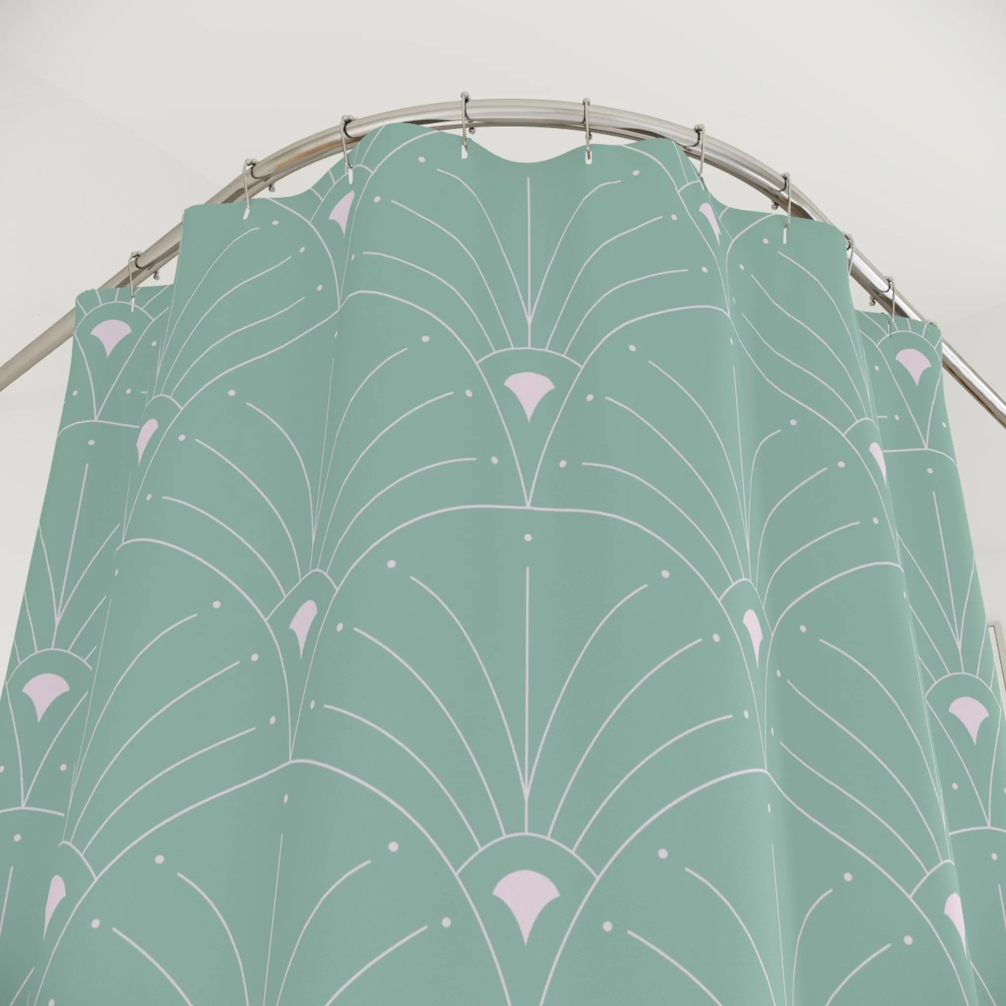 Art Deco Shower Curtain | Teal Sage Green, White Fan Bath Curtain