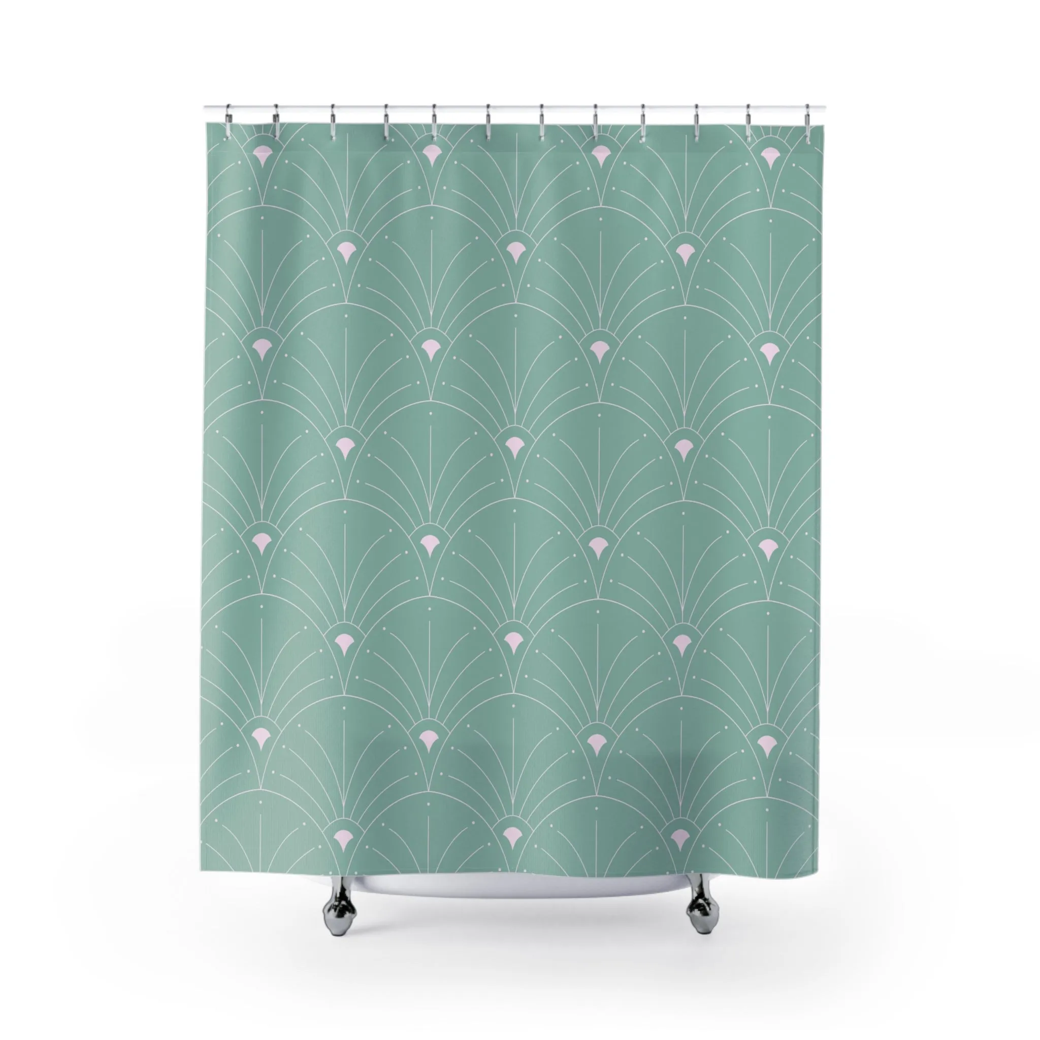 Art Deco Shower Curtain | Teal Sage Green, White Fan Bath Curtain Lighting,Home Lighting