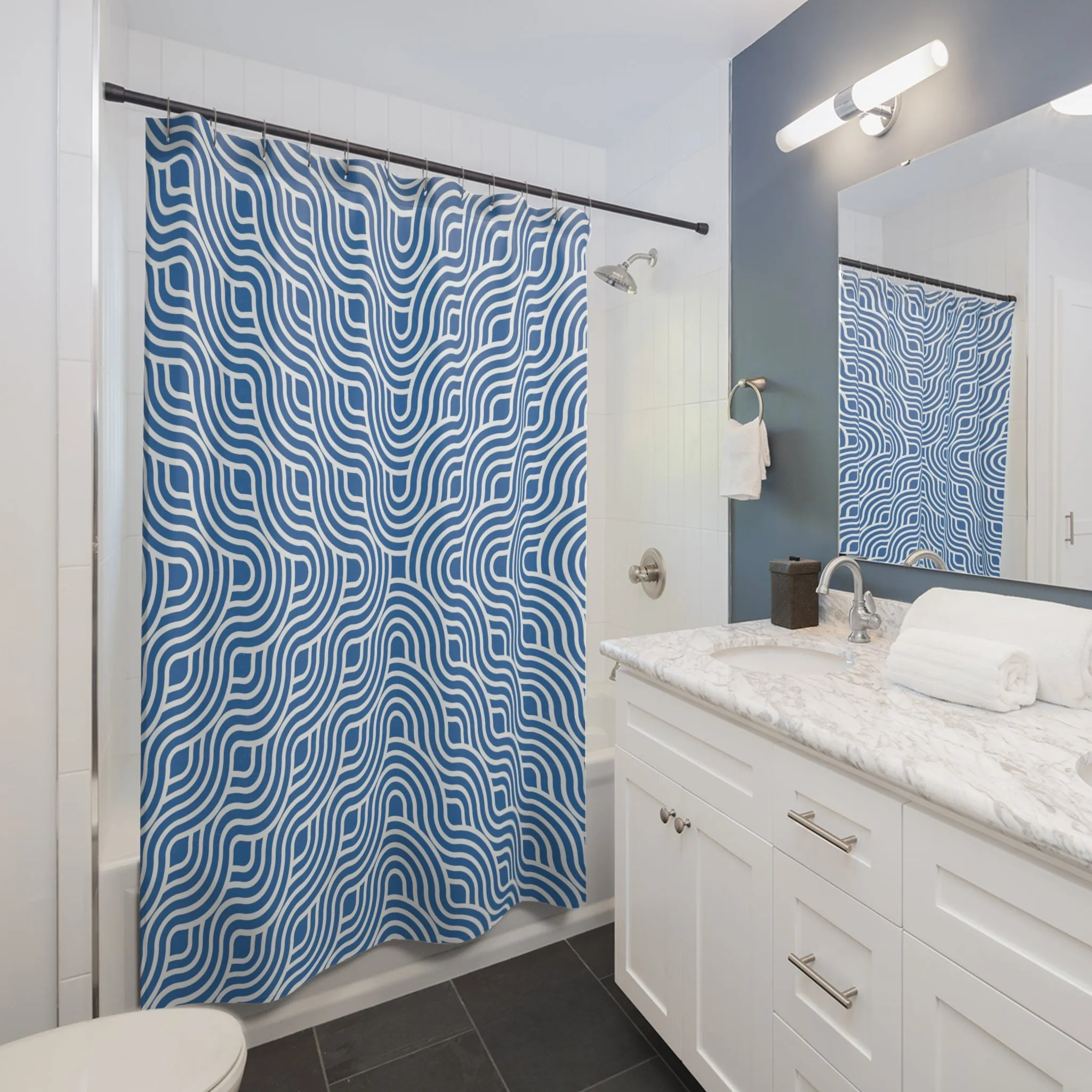 Art Nouveau Shower Curtain | Retro Blue, White Lines