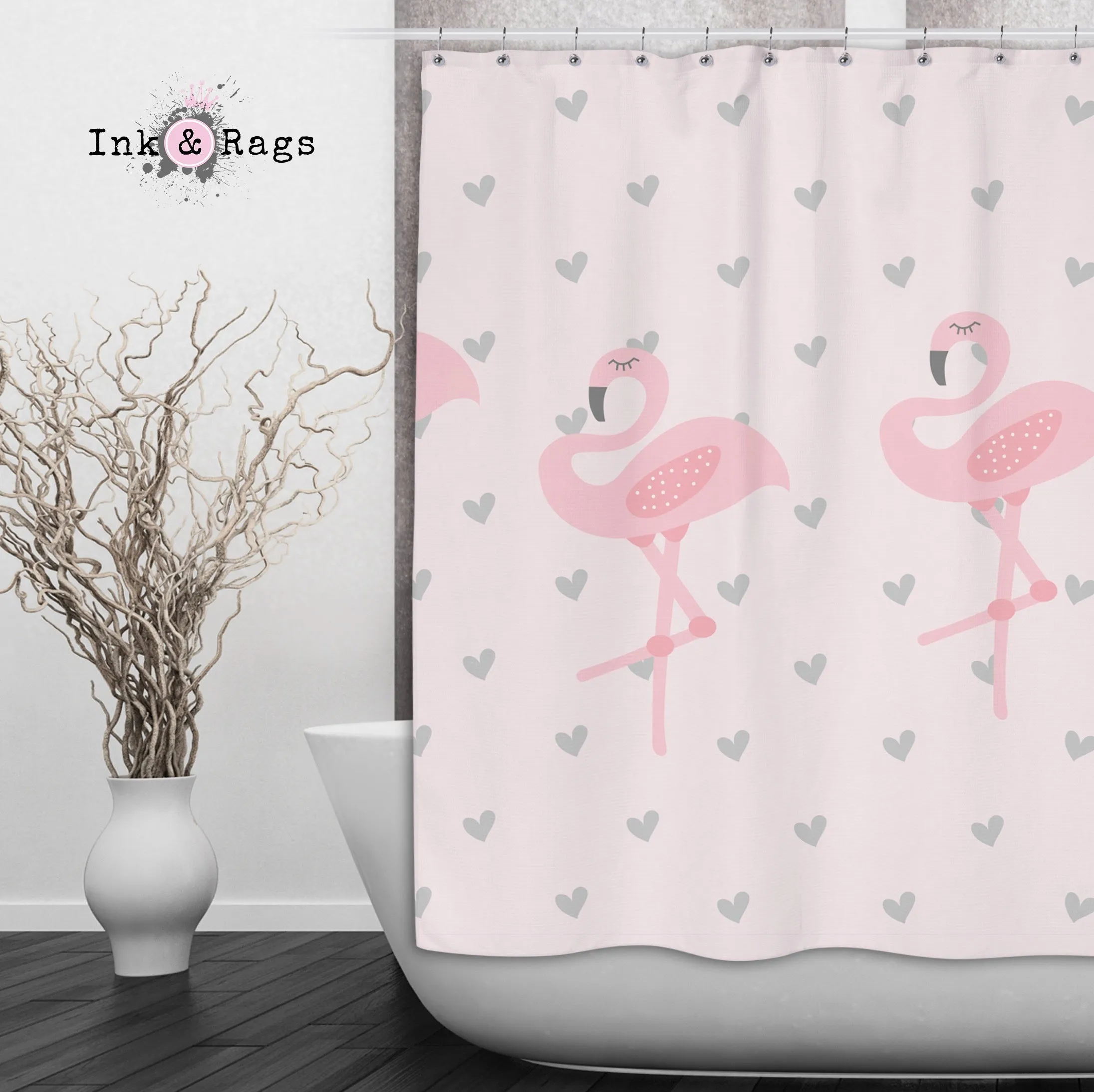 Baby Pink Marching Flamingo Heart Shower Curtains and Optional Bath Mats Lighting,Lamps Fixtures