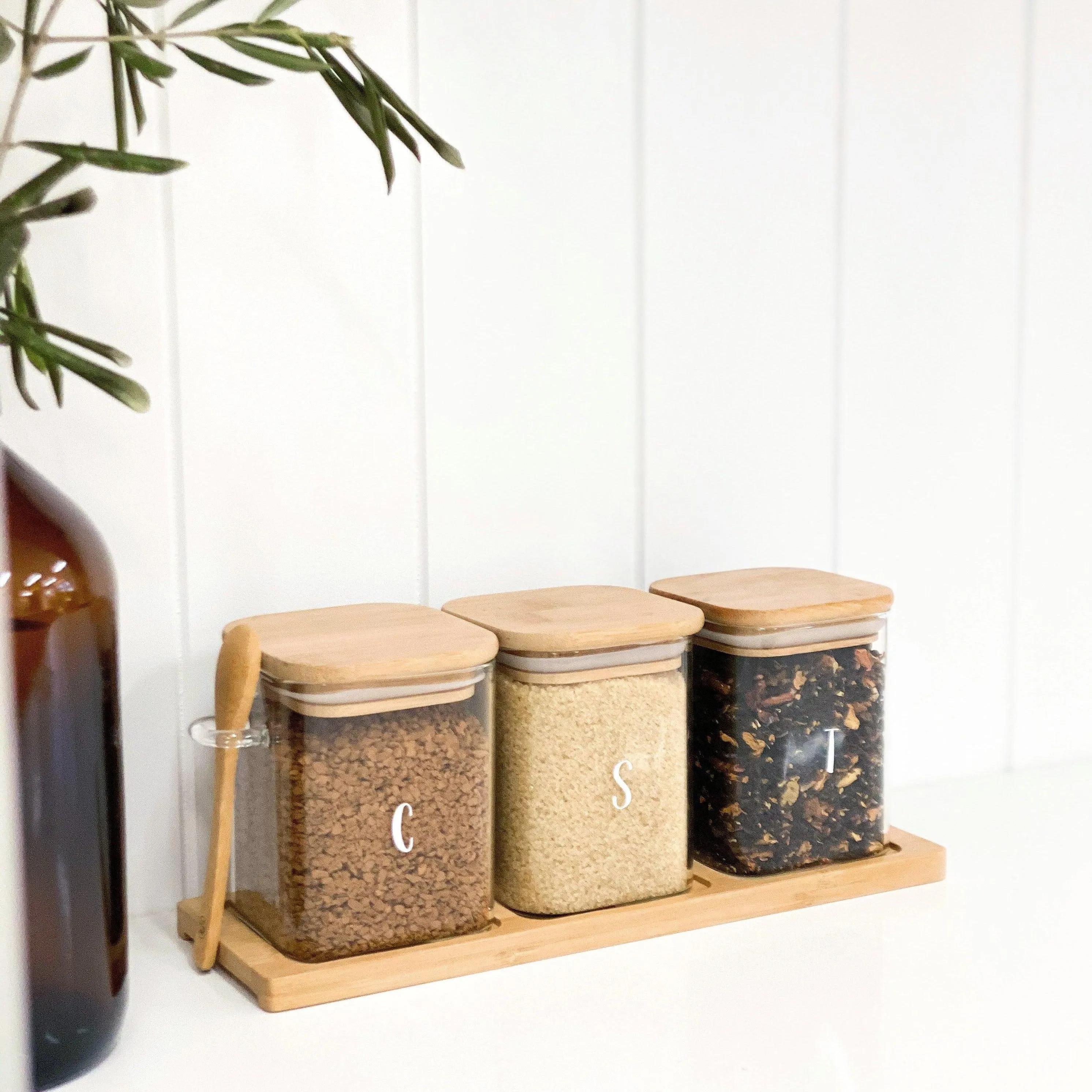 Bamboo Glass Trio Square Set for coffee, tea and sugar - 500 ml