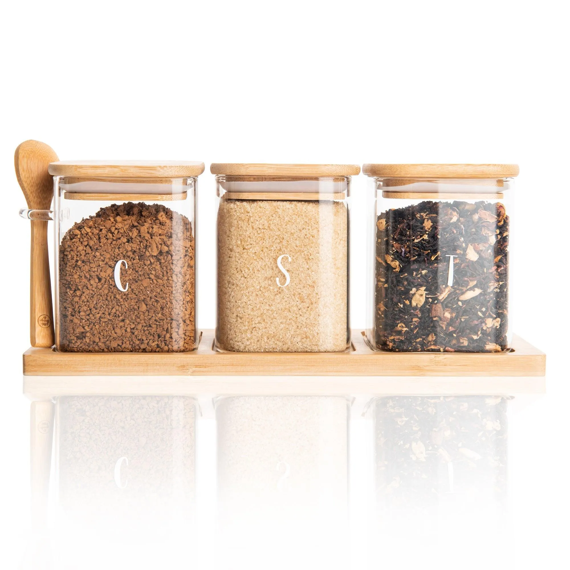 Bamboo Glass Trio Square Set for coffee, tea and sugar - 500 ml