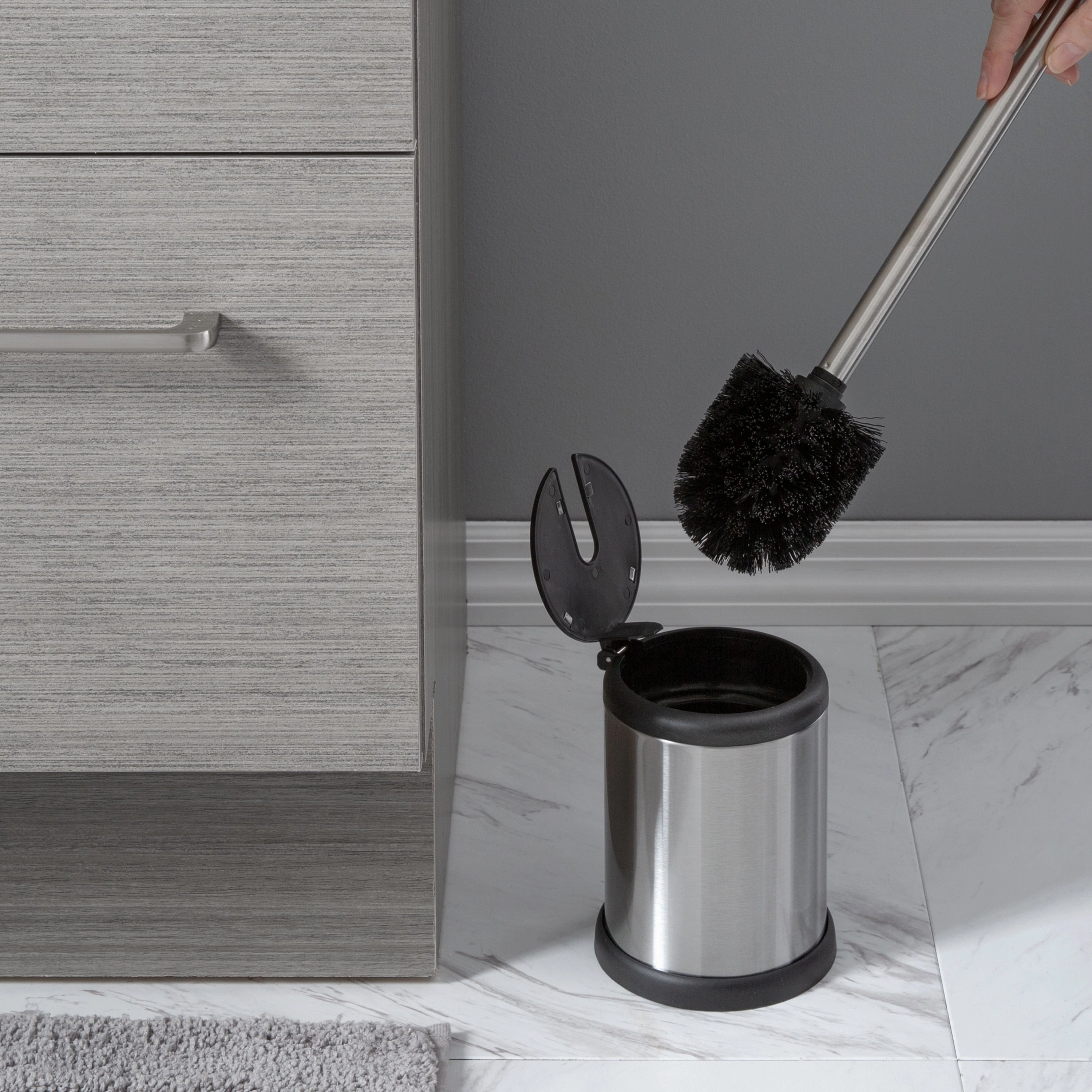 Bath Bliss Self Closing Lid Toilet Brush and Holder in Stainless Steel