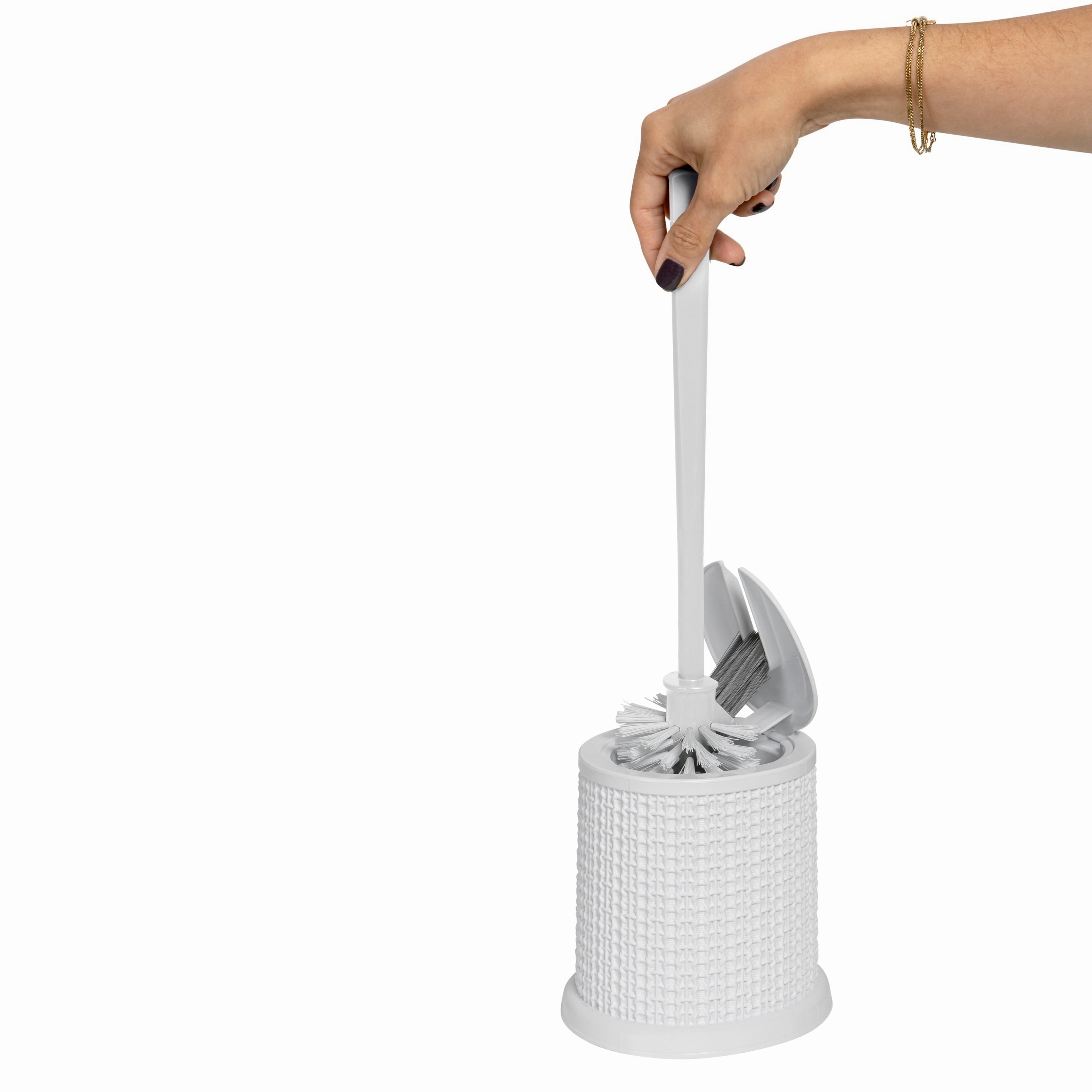 Bath Bliss Self Closing Lid Toilet Brush with Rim Scrubber in Sailor Knot Design - 5.9"x 5.3" x 15.4"