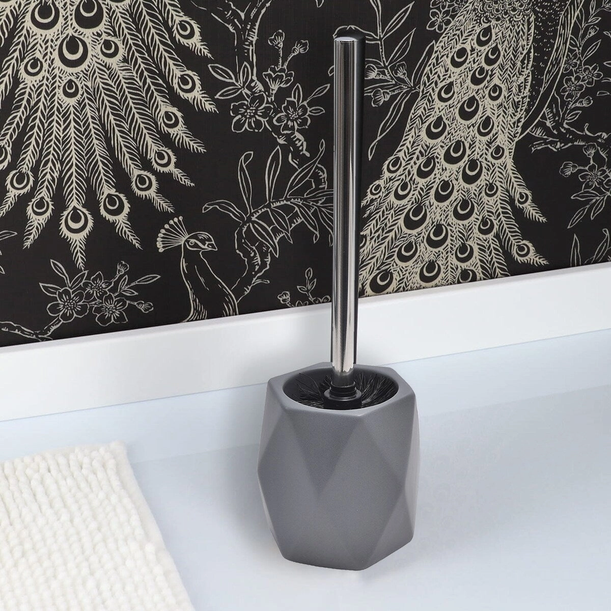 Bath Toilet Bowl Brush and Holder Diamond Stoneware Grey - 4.80"L x 4.60"W x 15 inchesH