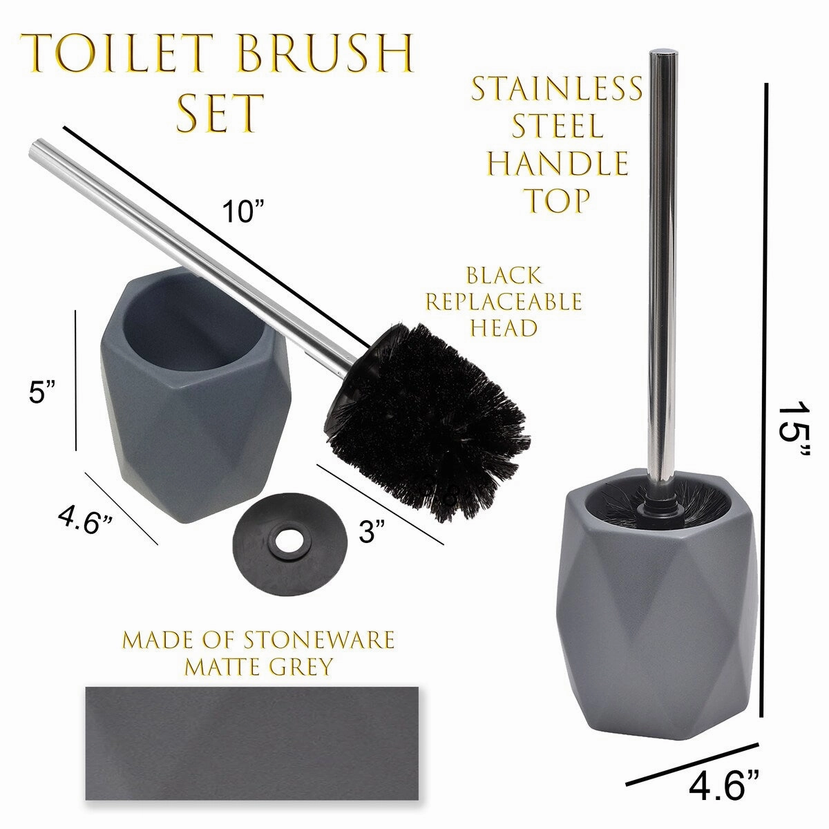 Bath Toilet Bowl Brush and Holder Diamond Stoneware Grey - 4.80"L x 4.60"W x 15 inchesH