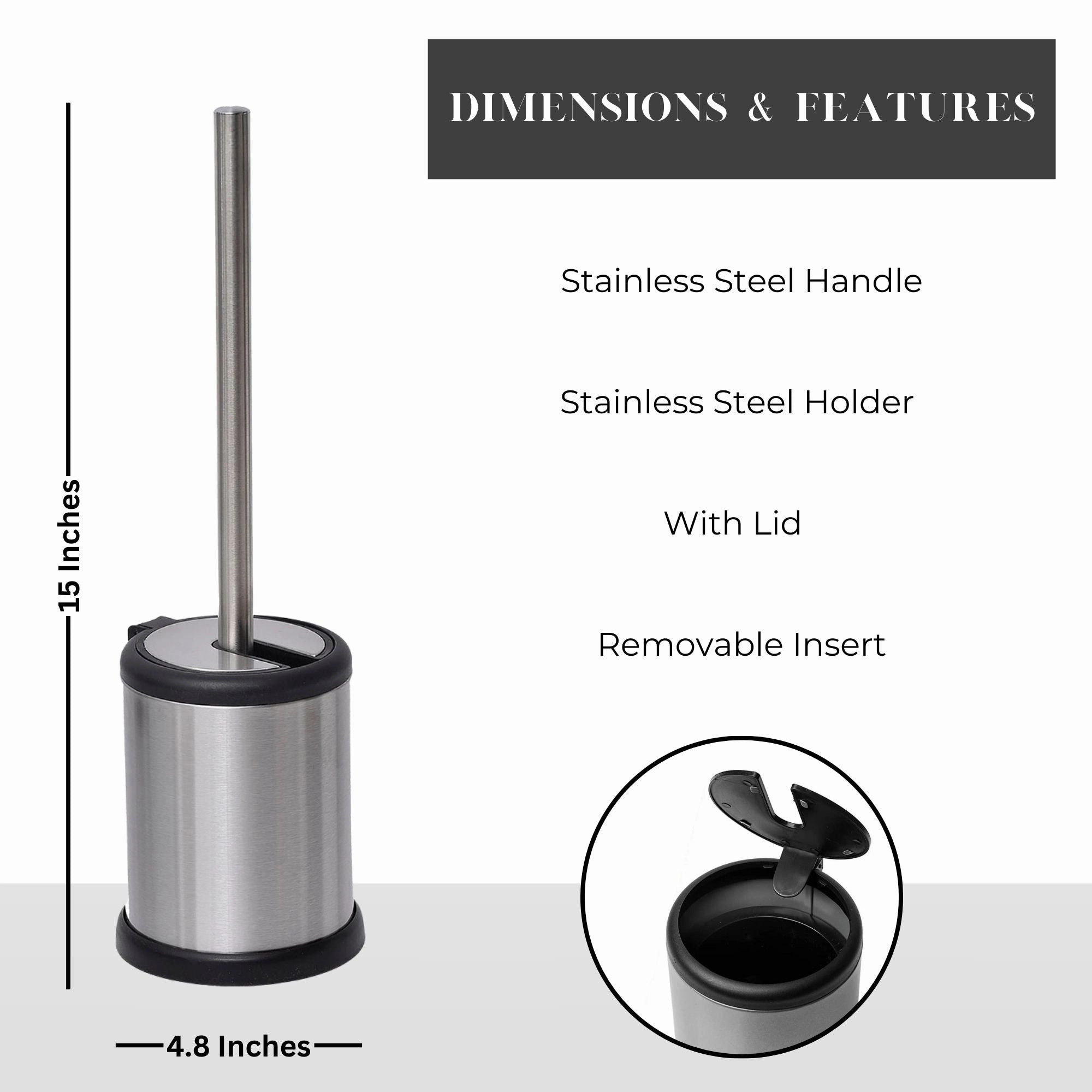 Bath Toilet Bowl Brush Holder with Folding Lid Stainless Steel - 15 inches H x 4.8" Diam
