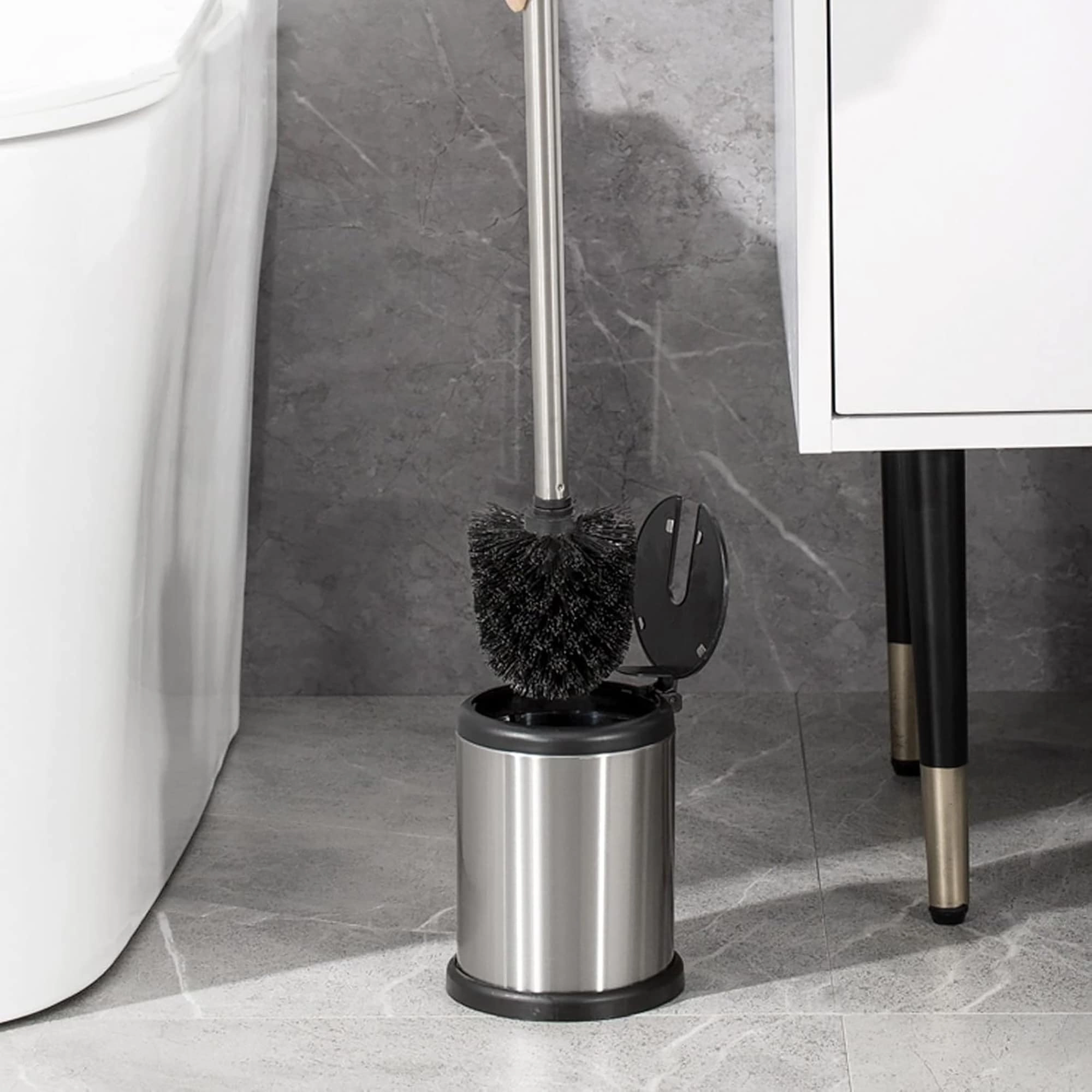 Bath Toilet Bowl Brush Holder with Folding Lid Stainless Steel - 15 inches H x 4.8" Diam