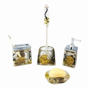 Bathroom Set of 5, Golden Leaves, Pearls, & Black Branches Toilet Brush,Bathroom Cleaner