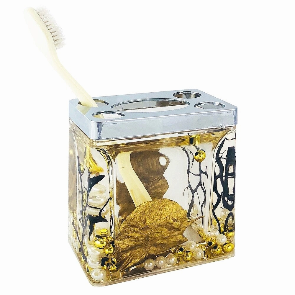 Bathroom Set of 5, Golden Leaves, Pearls, & Black Branches