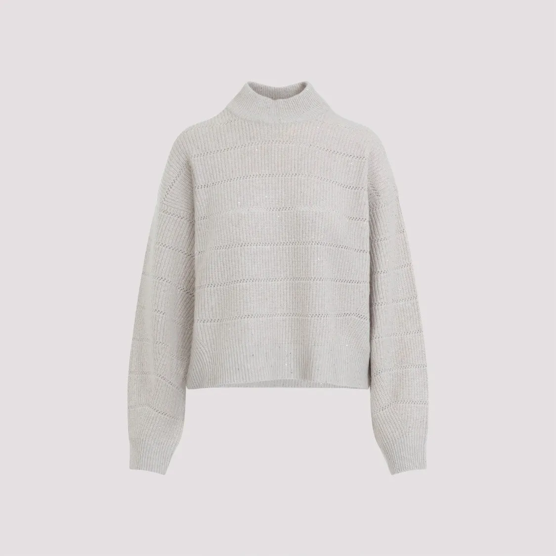 Beige Cashmere Mock Neck Lana Cashmire Stripe Pullover