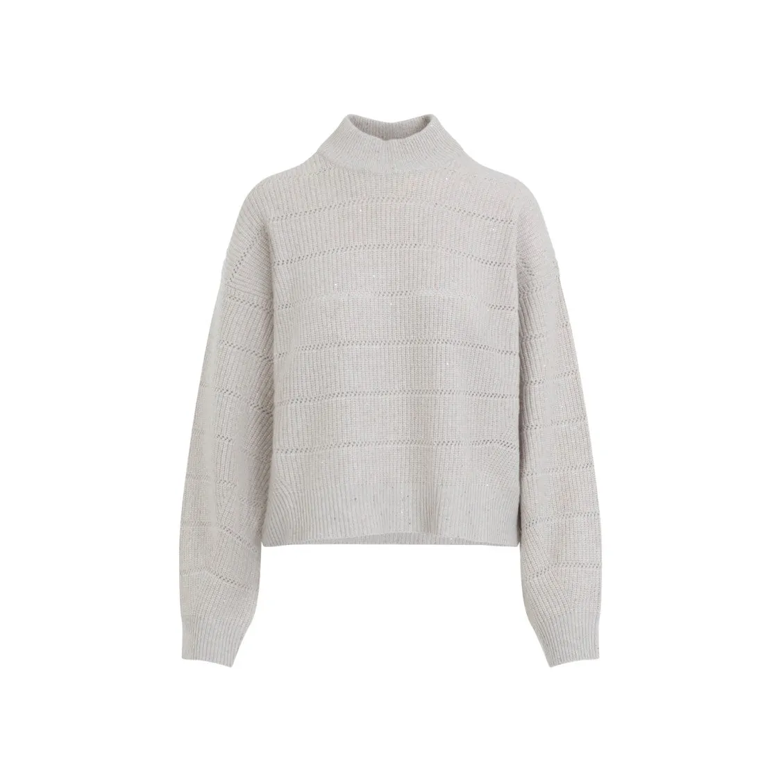 Beige Cashmere Mock Neck Lana Cashmire Stripe Pullover