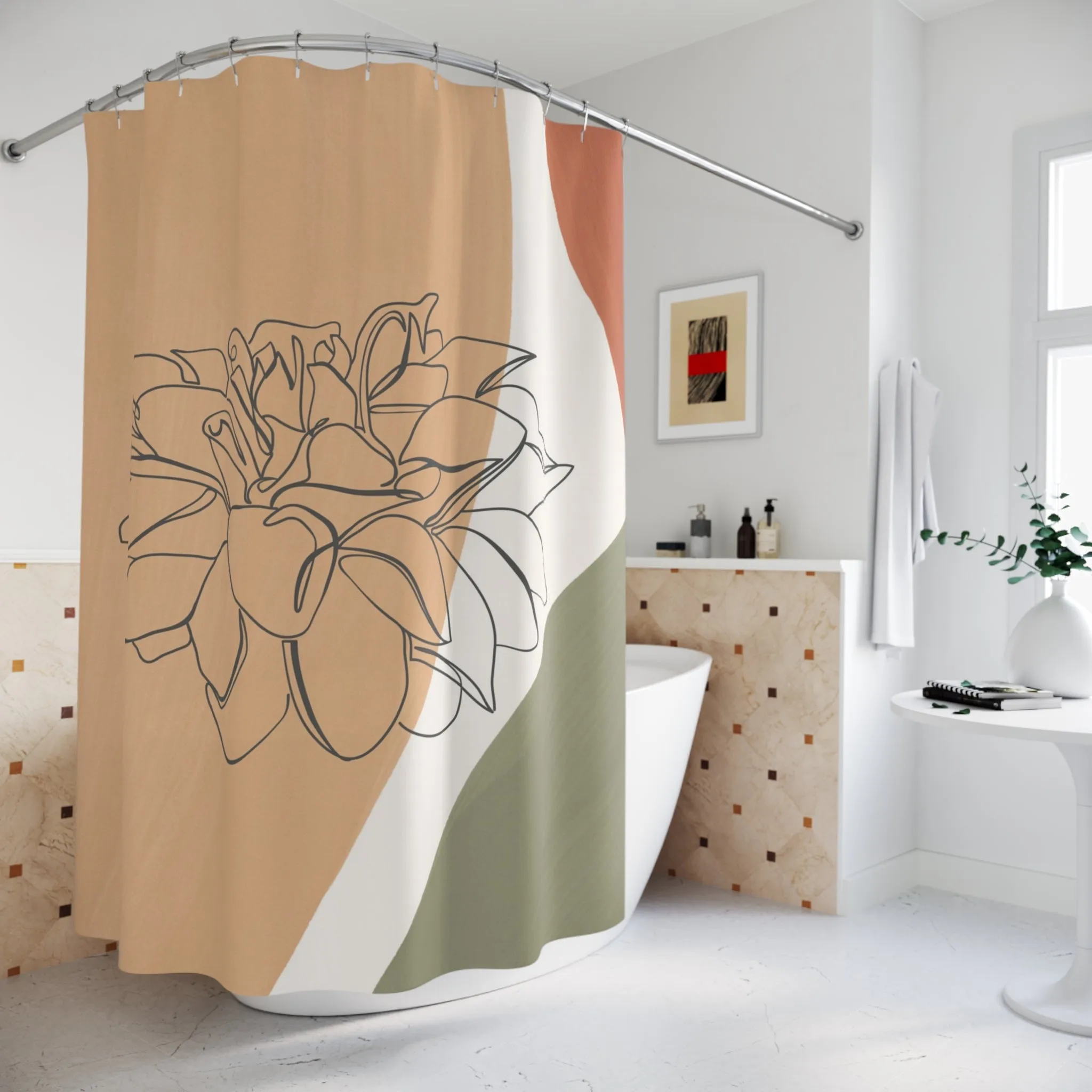 Beige Shower Curtain | Floral, Sage Green